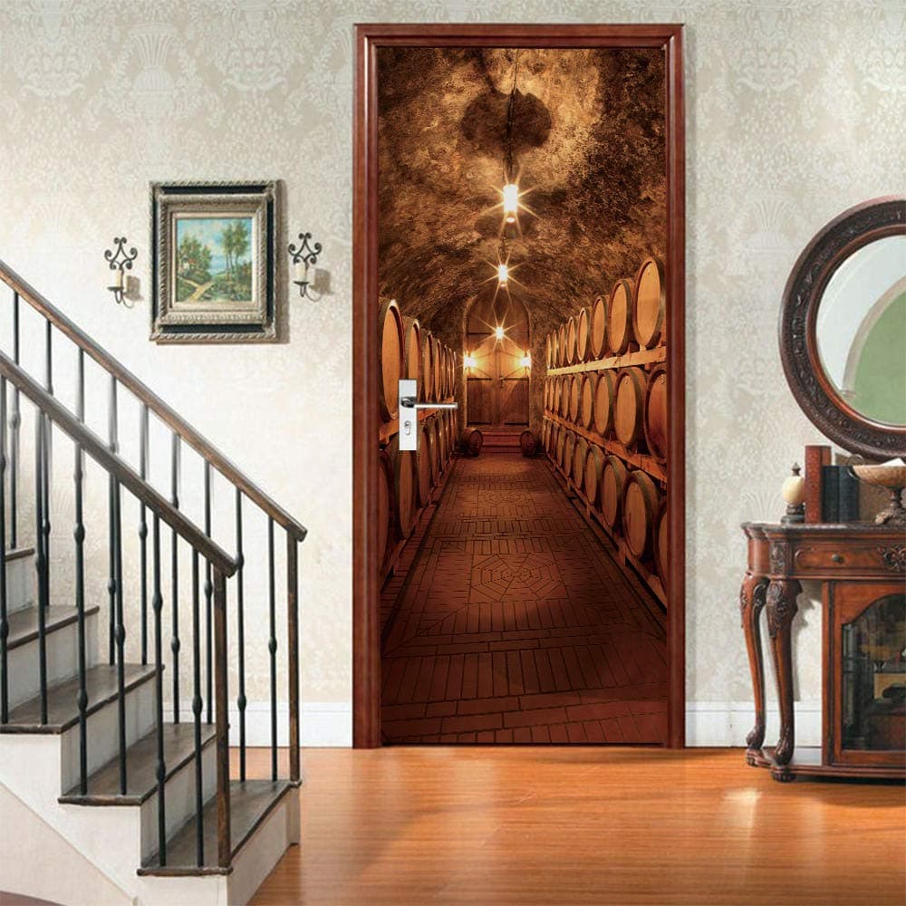 3D Wall Stickers Self-Adhesive Murals Wine Cellar-Peel and Stick Decals Removable PVC Waterproof Door Wallpaper Art Decor for Door Decoration 31.5"x78.7"