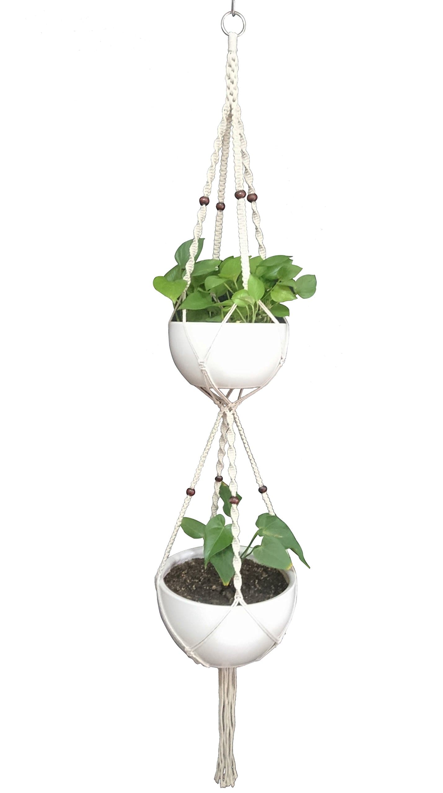 1 PCS Macrame Plant Hanger & Holder, Hanging Planter 4 Legs Double Deck for 8 inch to 10 inch Two Pots Indoor Outdoor Hanging Planter Hemp Rope 67 Inch with Metal Ring (Cotton)