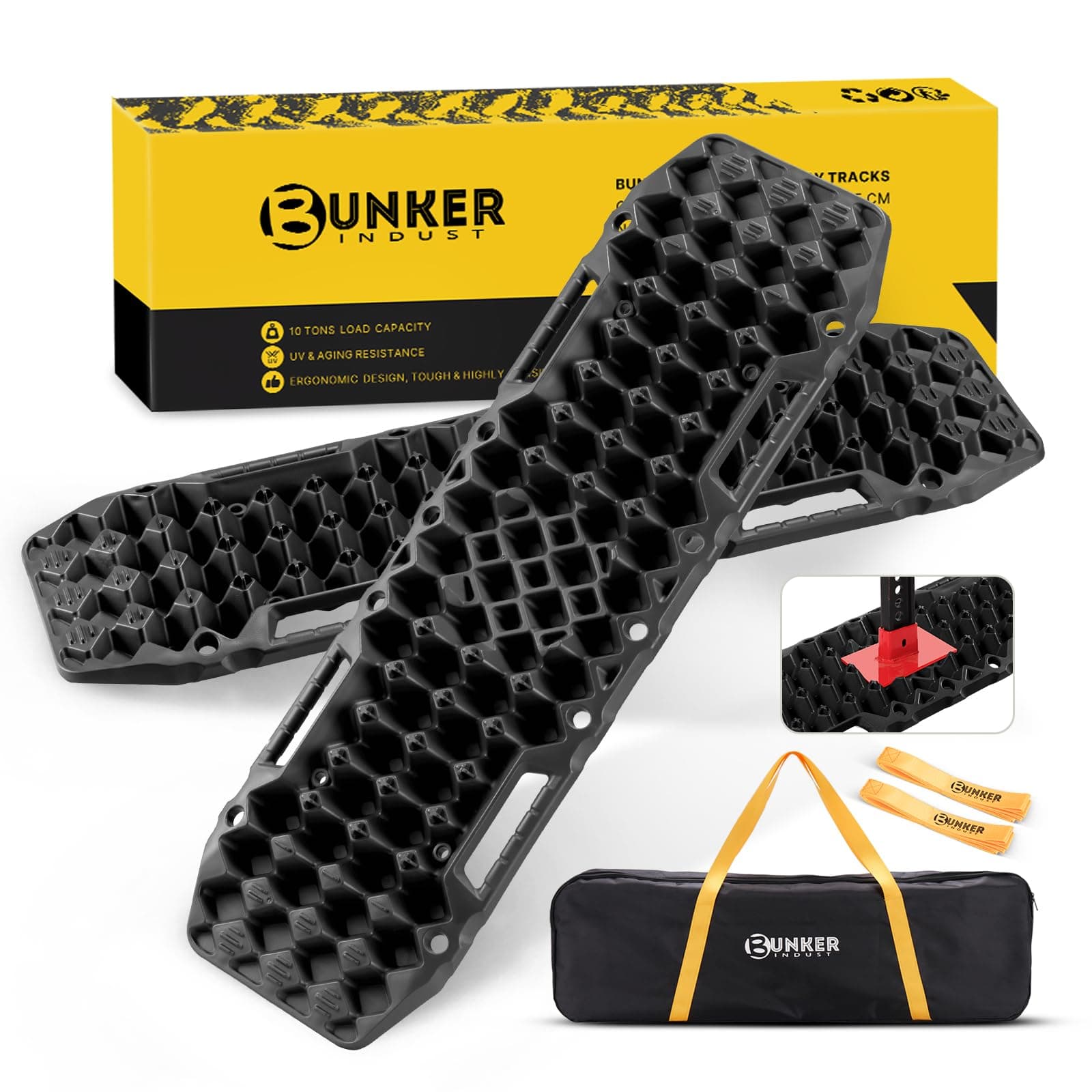 BUNKER INDUST Off-Road Traction Boards with Jack Base, 1 Pair Recovery Tracks Mat for 4X4 Jeep Truck Tire Traction-Sand,Mud, Snow Ladder Ramps(Black)