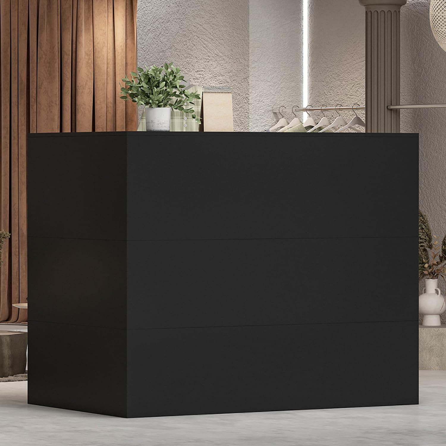 Modern Reception Desk Counter Table, L-Shap Reception Room Front Desk with Lockable Drawer & Open Shelves, Retail Counter for Salon Checkout Office, Black (55.9" W x 32.3" D x 48.4" H)
