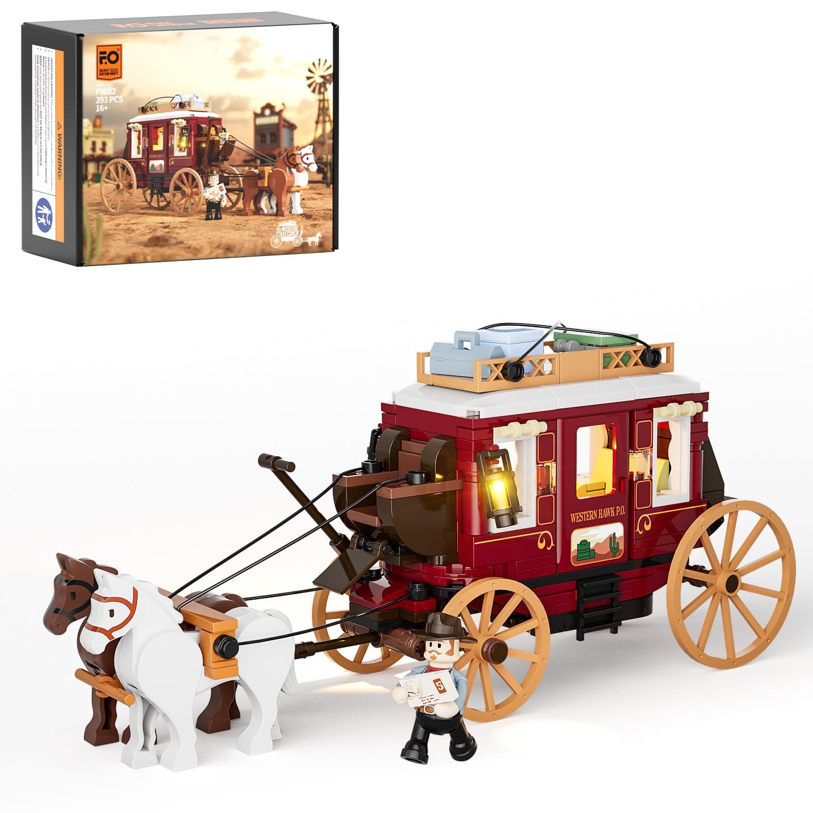 FUNWHOLE Western Stagecoach Lighting Building-Bricks Set - Old West Carriage and Horse 293 Pcs Collection Display Set for West Lovers