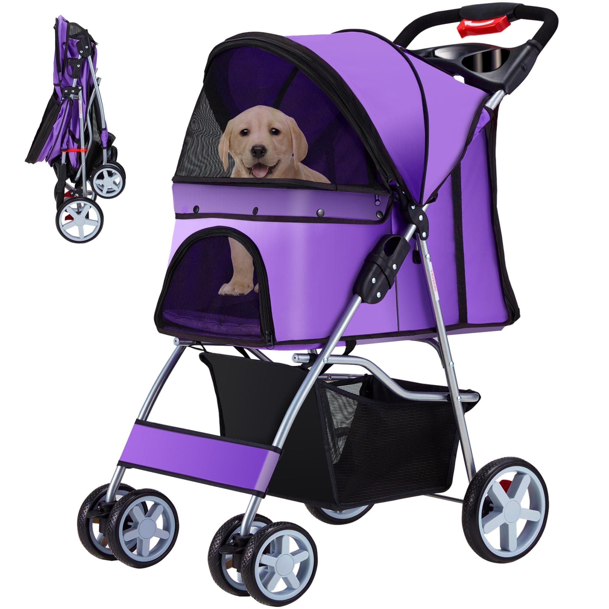 Pet Stroller, 4 Wheels Pet Strolling Cart for Medium/Small Dogs and Cats, Foldable Cat Jogger/Dog Stroller with Cup Holder, Storage Basket, Breathable Mesh, All-Season Pet Carrier, Purple