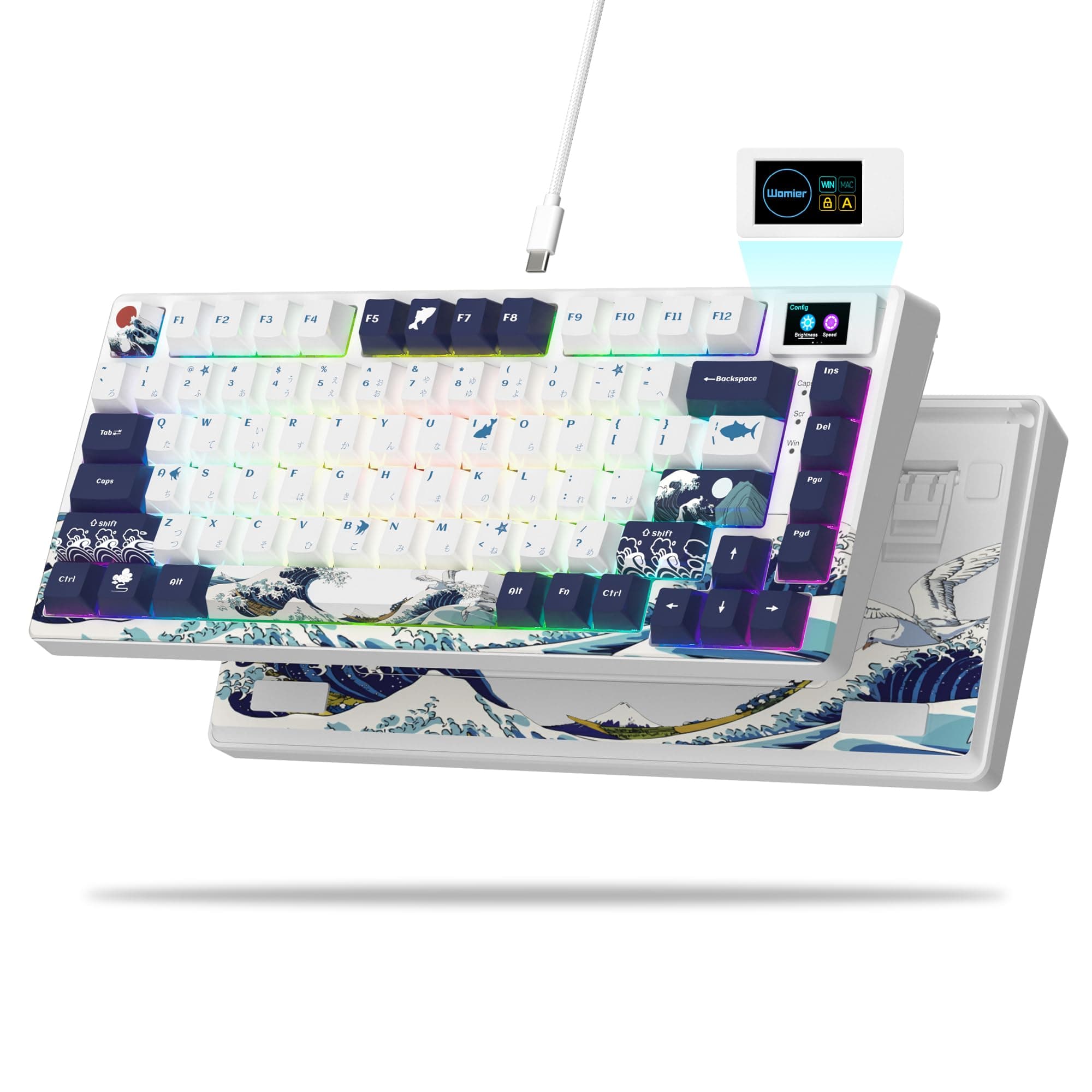 XVX S-K80 75% Keyboard with Color OLED Display Mechanical Gaming Keyboard, Hot Swappable Keyboard, Gasket Mount RGB Custom Keyboard, Pre-lubed Stabilizer for Mac/Win, White Kanagawa Theme