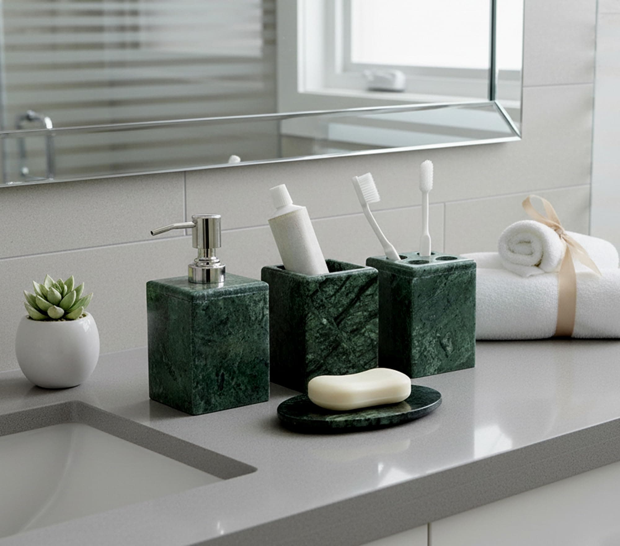 KLEO - Bathroom Accessory Set Made From Natural Stone - Bath Accessories Set Of 4 Includes Soap Dispenser, Toothbrush Holder, Toothpaste Holder And Soap Dish