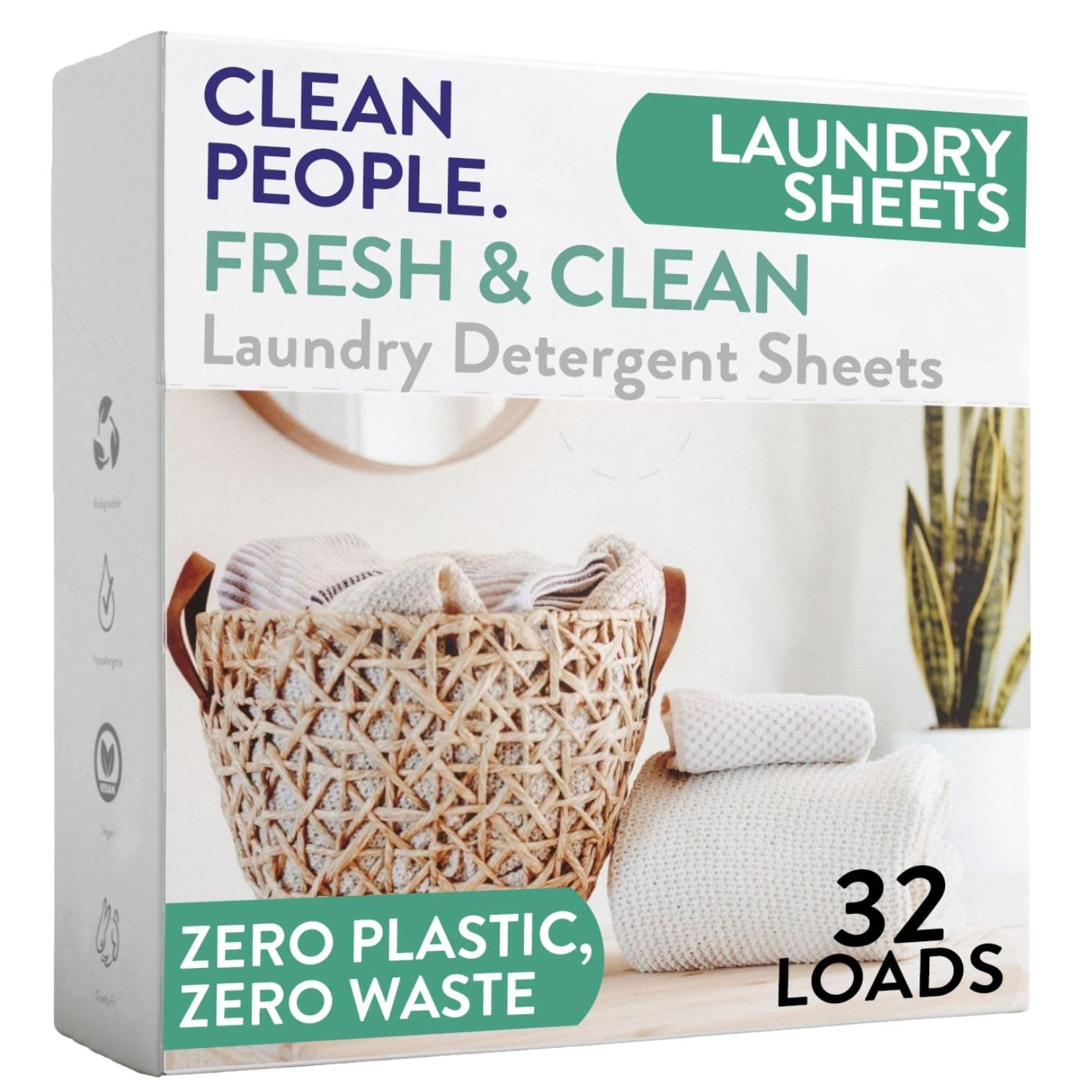 – Clean People Laundry Detergent Sheets - Recyclable Packaging, Hypoallergenic, Stain Fighting - Ultra Concentrated, Laundry Soap - Fresh Scent, 32 Pack