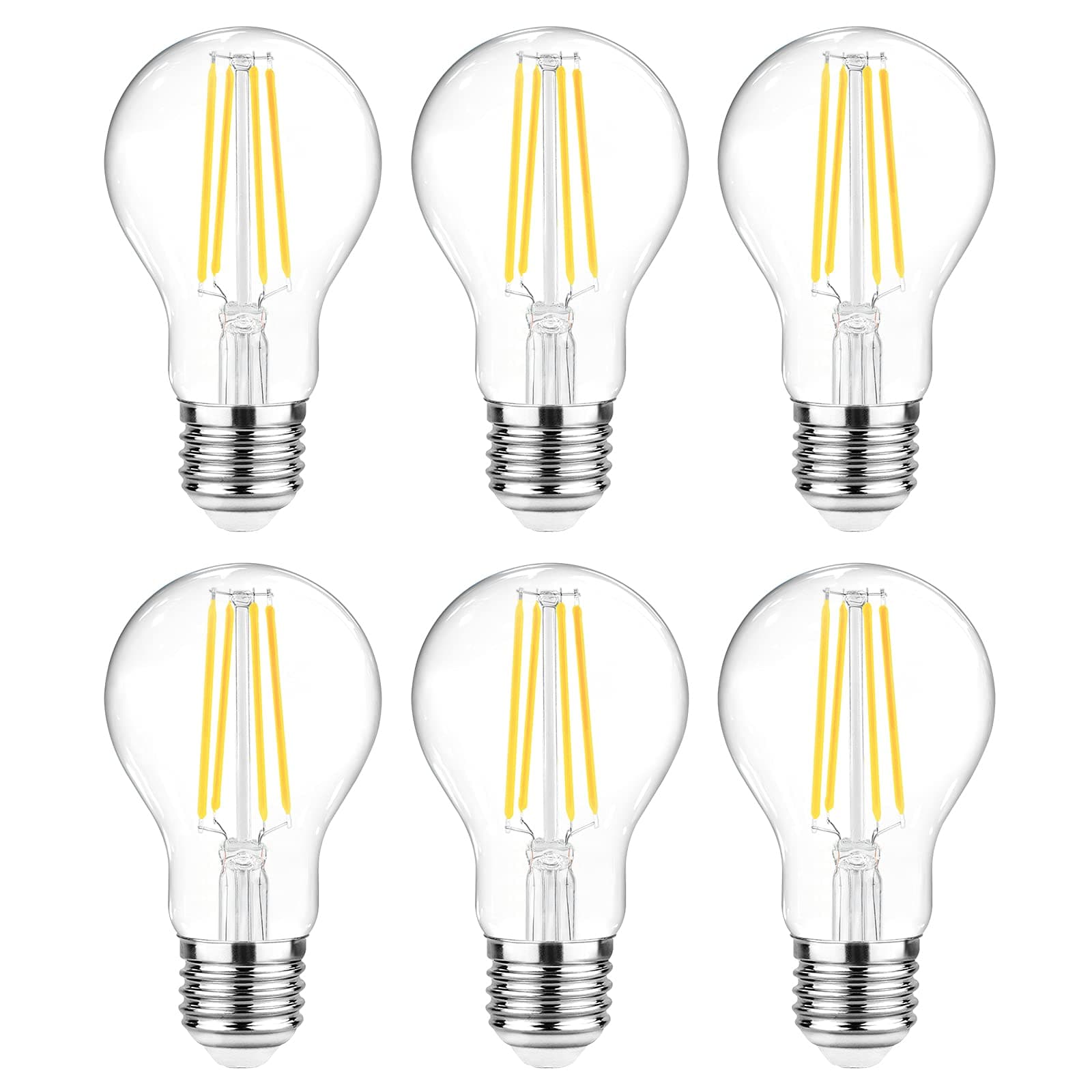 Ascher 60 Watt Equivalent, E26 LED Filament Light Bulbs, Daylight White 4000K, Non-Dimmable, Classic Clear Glass, A19 LED Light Bulb with 80 CRI, Pack of 6