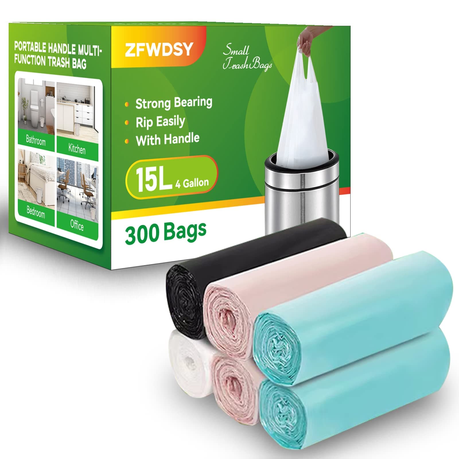 Small Trash Bags Handle 300 Counts 4 Gallon Garbage Can Liner For Home Office Kitchen Bathroom Plastic Bins Bags 15 Liters