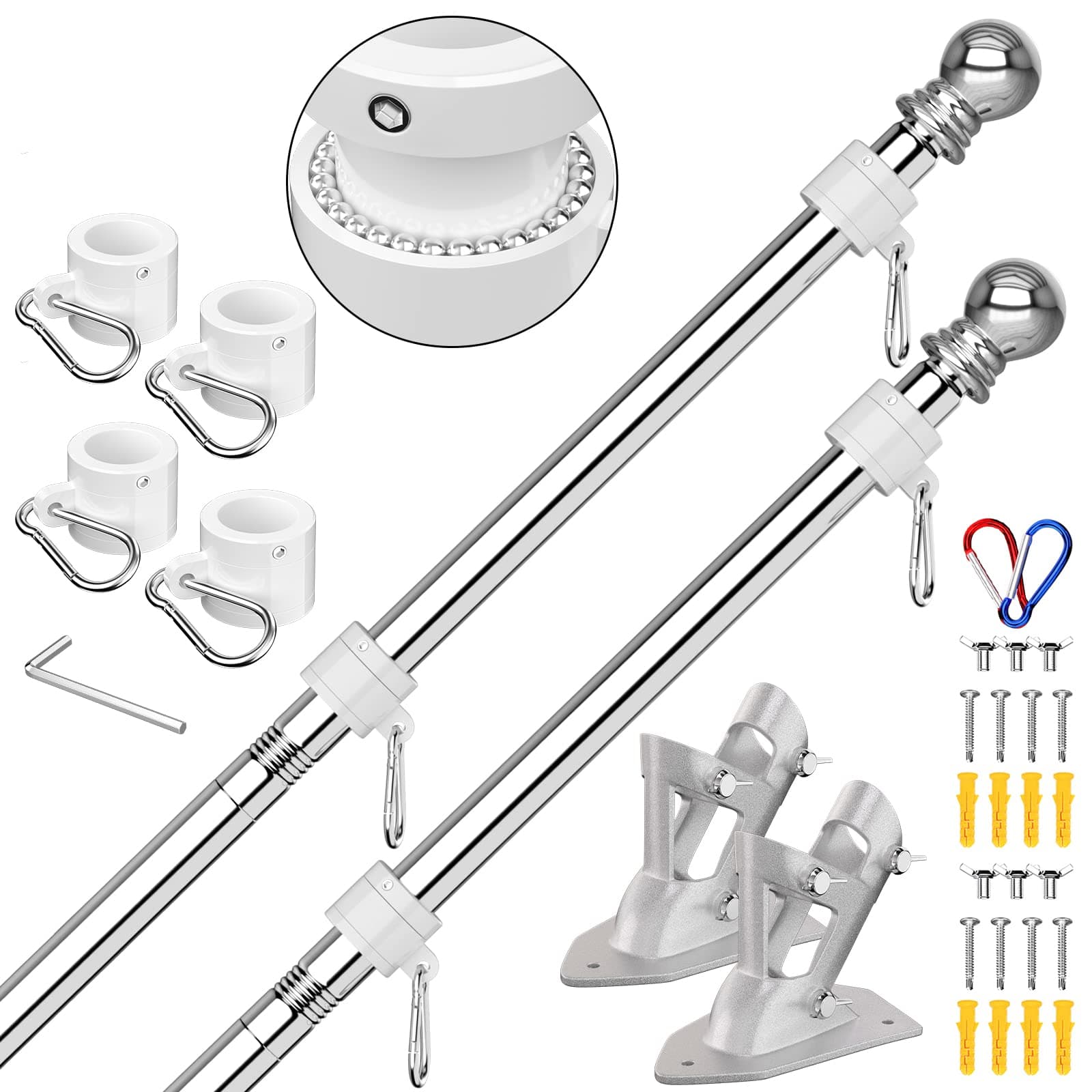 ZMTECH Flag Pole - Upgraded Bracket, (2 Packs) 6 FT Stainless Steel Flag Poles for Outside House, Residential or Commerical, Tangle Free Flag Pole Kit for American Flag (Without Flag, Silver)