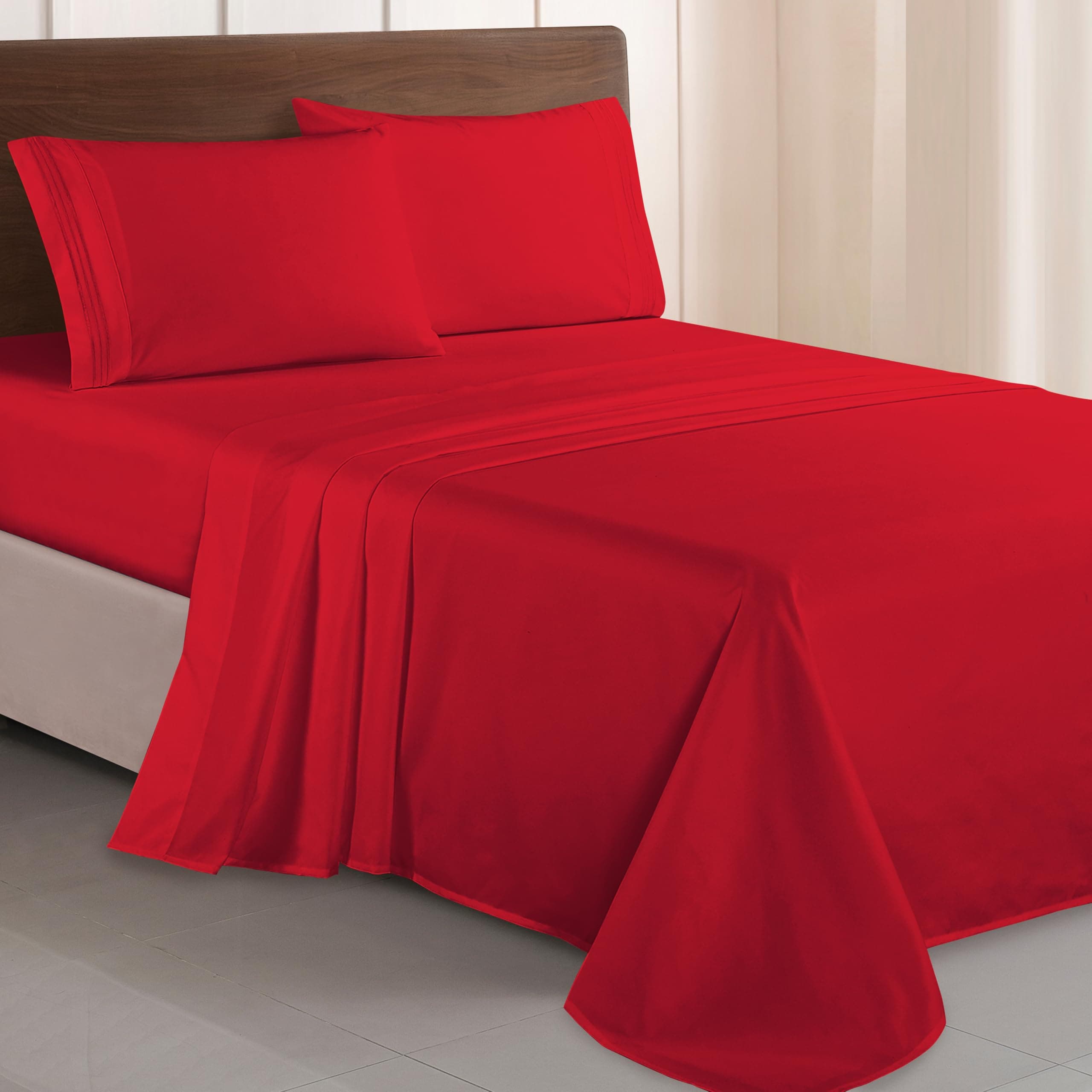 Luxurious 1500 Premium Hotel Quality Microfiber Three Line Embroidered Softest 4-Piece Bed Sheet Set, Wrinkle and Fade Resistant, Queen, Red