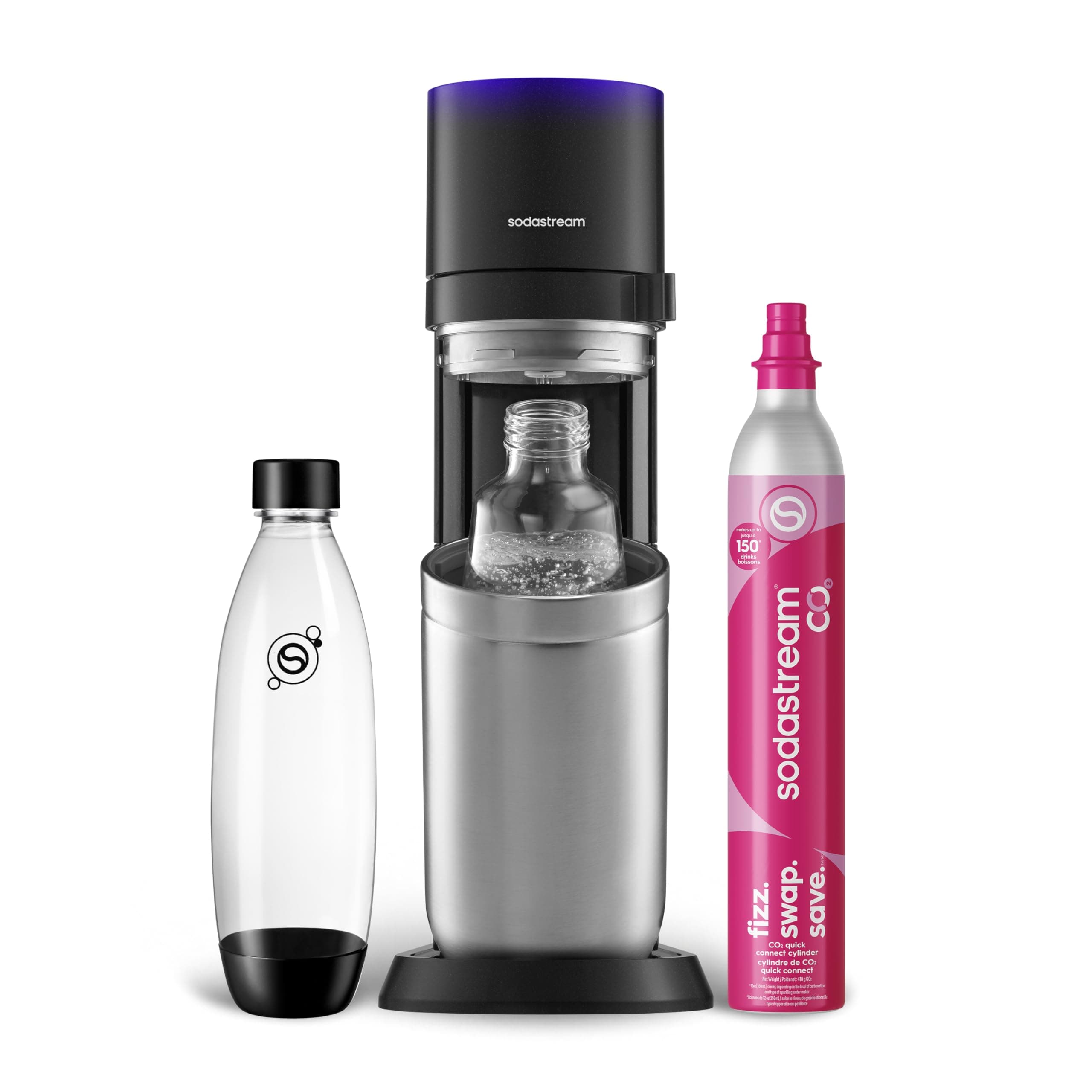 E-Duo Sparkling Water Maker (Black) with 60L CO2, 1 BPA- Free Carbonating Bottle and (1)1L Glass Bottle