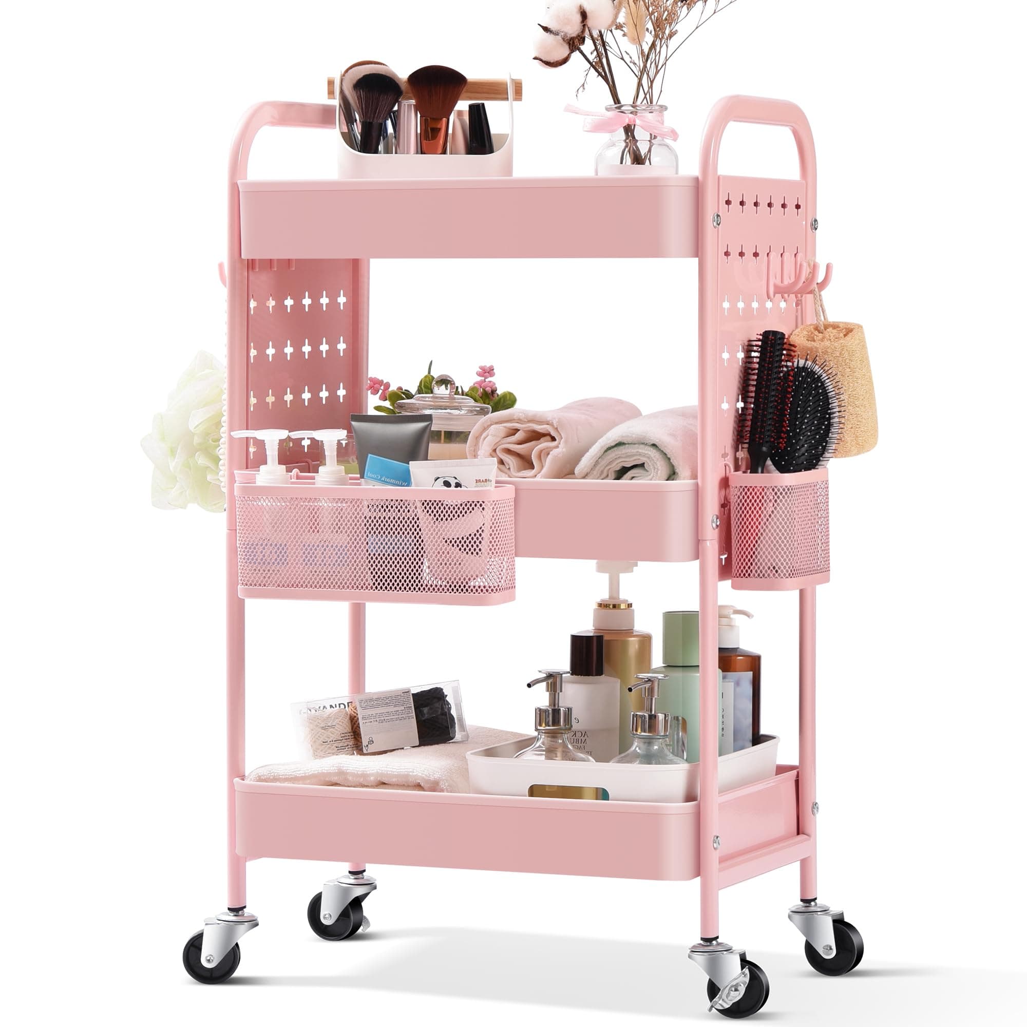 TOOLF 3-Tier Rolling cart, Utility Storage Cart with DIY Dual Pegboards, Art Craft Trolley with Removable Baskets Hooks, Organizer Serving Cart Easy Assemble for Office, Home, Kitchen, Kids' Room,PINK