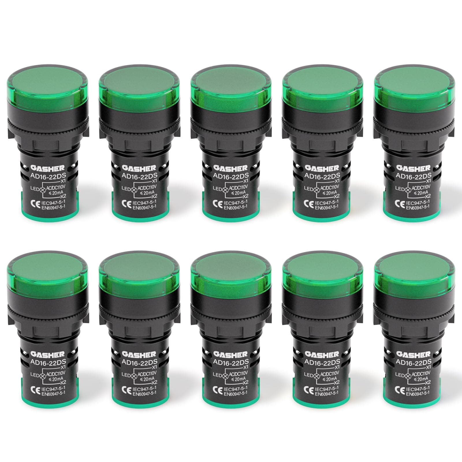 GASHER 110V 20mA Energy Saving Indicator Light Mounting Hole Size 22mm (7/8 Inch) Green 10 Pcs