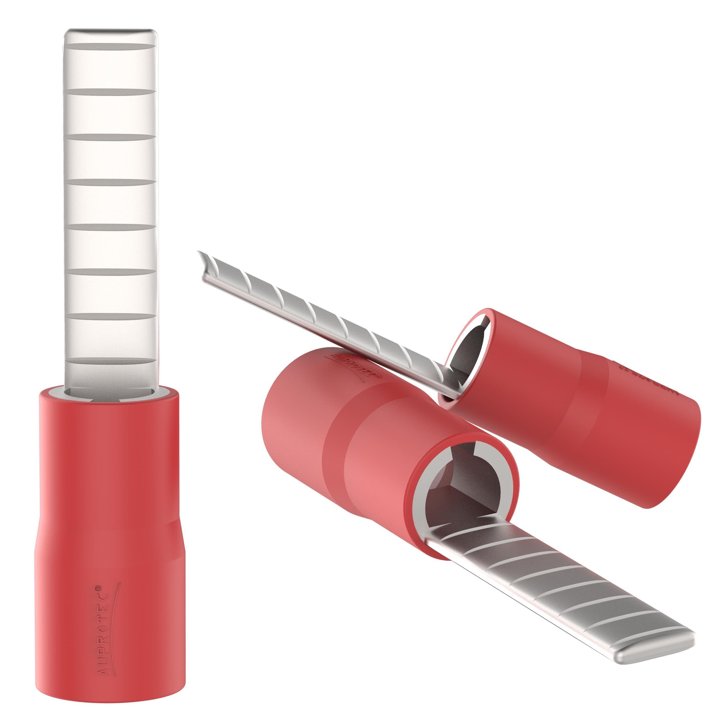 AUPROTEC 100x Spade Connector 0.5 mm² - 1.5 mm² red AWG 22-16 Male Tab-Dimension 2.2 x 18 mm PVC semi-insulated Crimp Terminal Lugs flat type DBV Cable-Joint tinned brass Electrical-Connectors