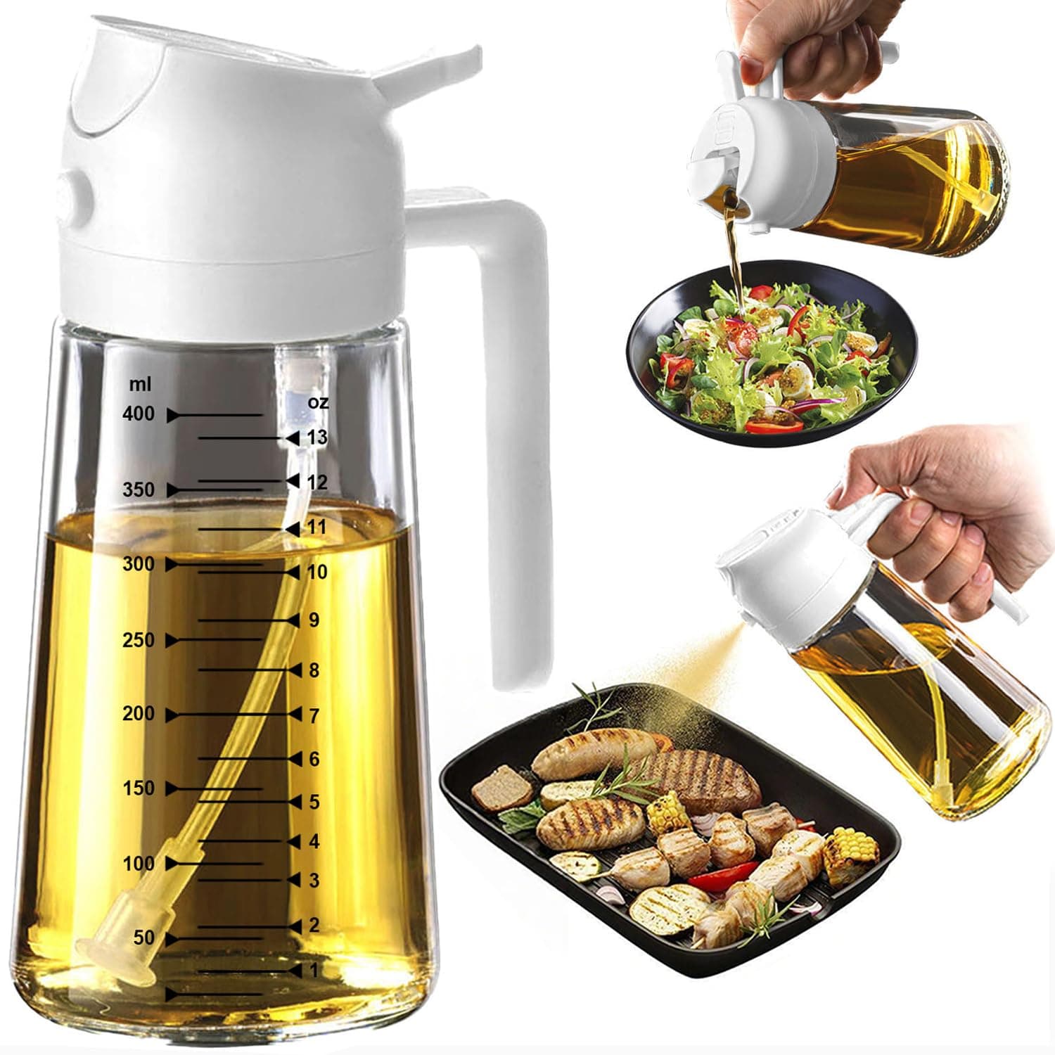 470ml Olive Oil Spray Bottle for Kitchen Gadgets - 2 in 1 Olive Oil Dispenser Bottle and Air Fryer Accessories for Cooking, Salad and BBQ - White
