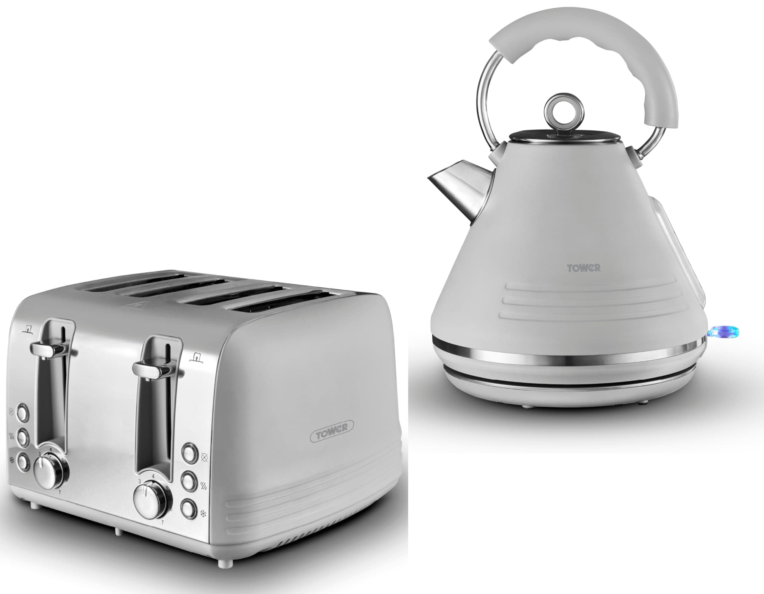 TOWER Ash Grey 1.7L 3KW Pyramid Kettle & 4 Slice Toaster. Contemporary Matching Kettle & Toaster Set in Grey