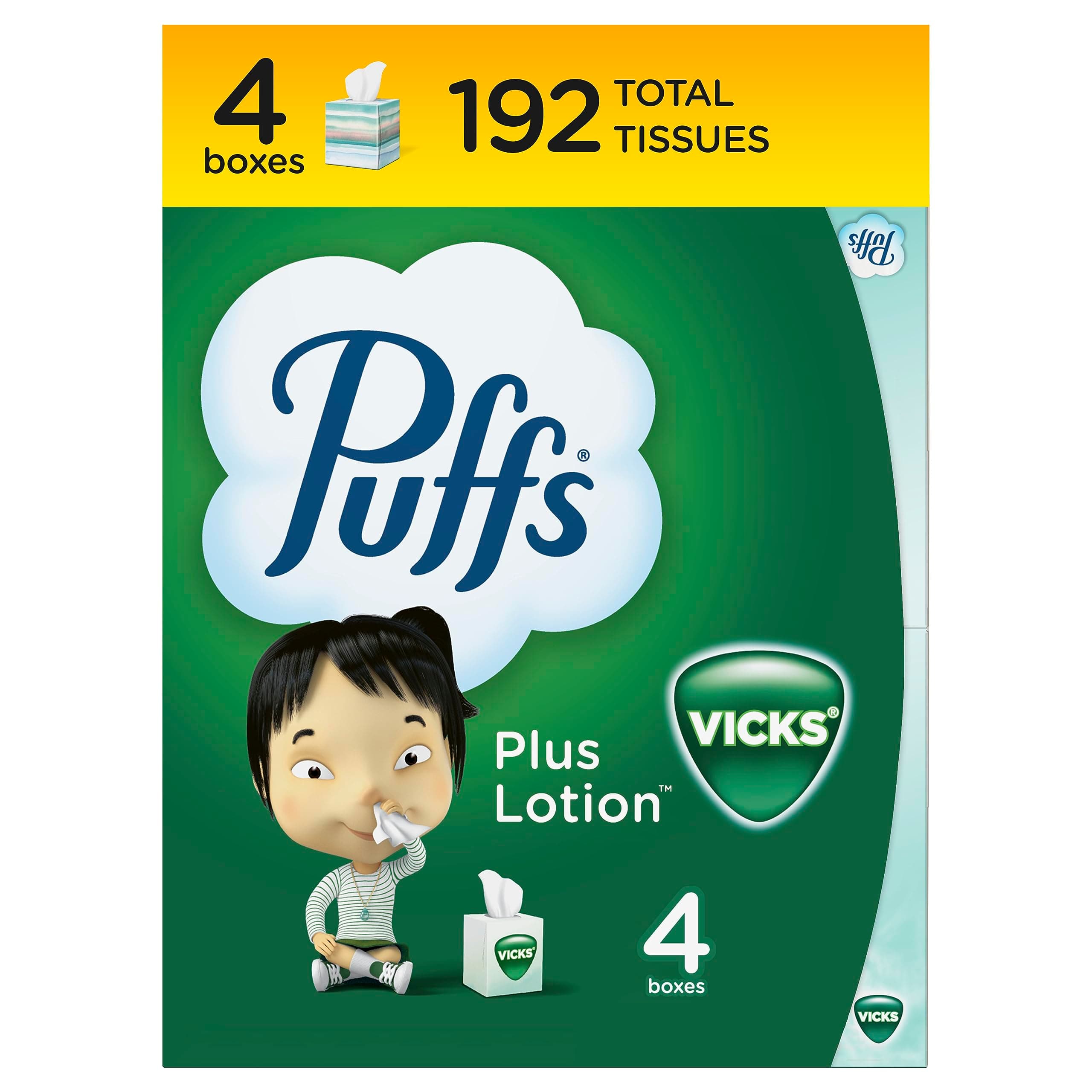 Plus Lotion with Vicks Facial Tissues, 4 Cubes, 48 Tissues per Box (192 Tissues)