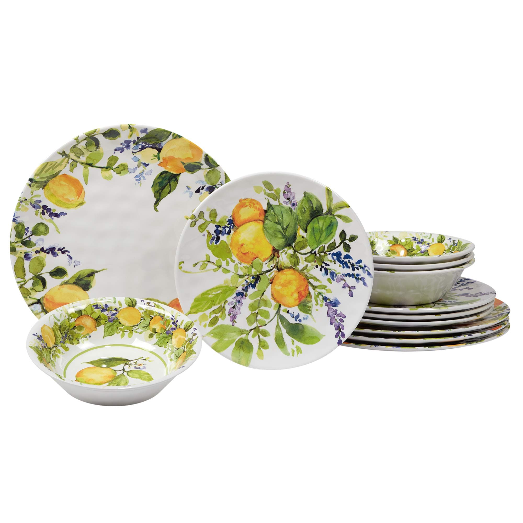 Lemon Zest 12-Piece Melamine Dinnerware Set, Service for 4 – Unbreakable Outdoor Plates & Bowls for Patio Dining, Summer BBQs, Poolside Meals, Picnics, Everyday Family Use & Entertaining