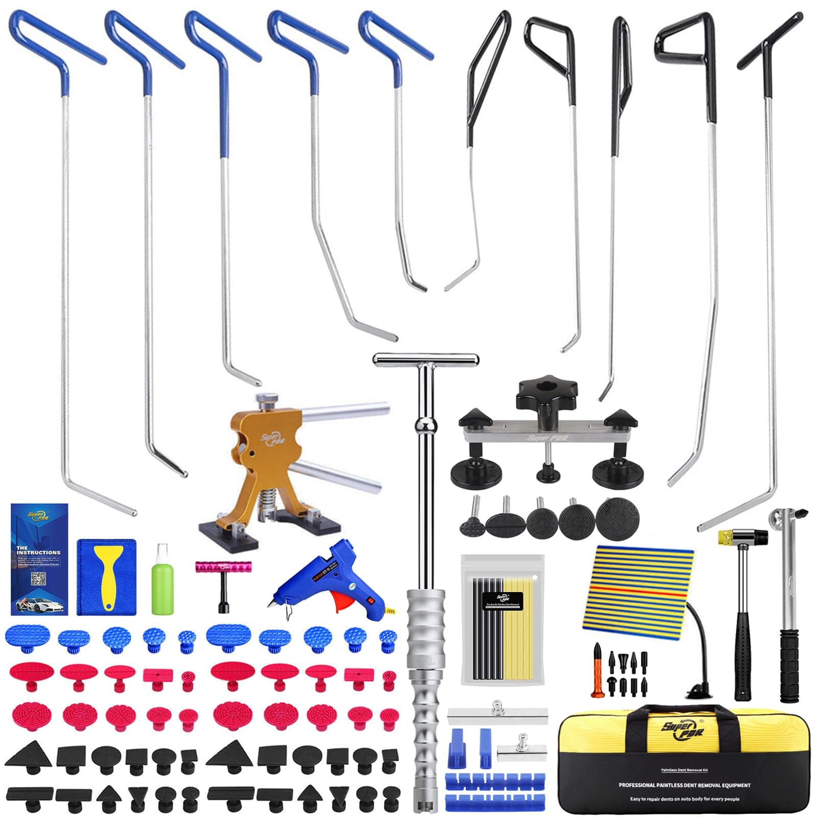 Super PDR 91Pcs PDR Rod Tools Kit Professional Hail Damage Door Ding Repair Kit Car Auto Body Paintless Dent Repair Removal Tool Set PDR Dent Puller kit Slide Hammer Push Rods
