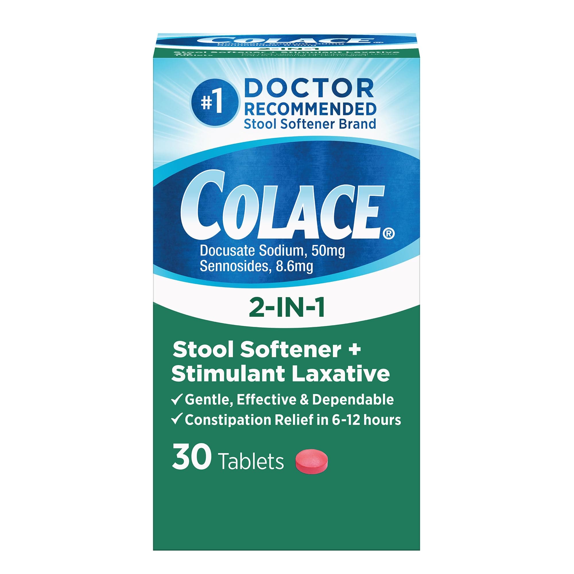 2-in-1 Stool Softener Plus Stimulant Laxative Tablets, 30 Count, Gentle Constipation Relief, Docusate Sodium Plus Sennosides