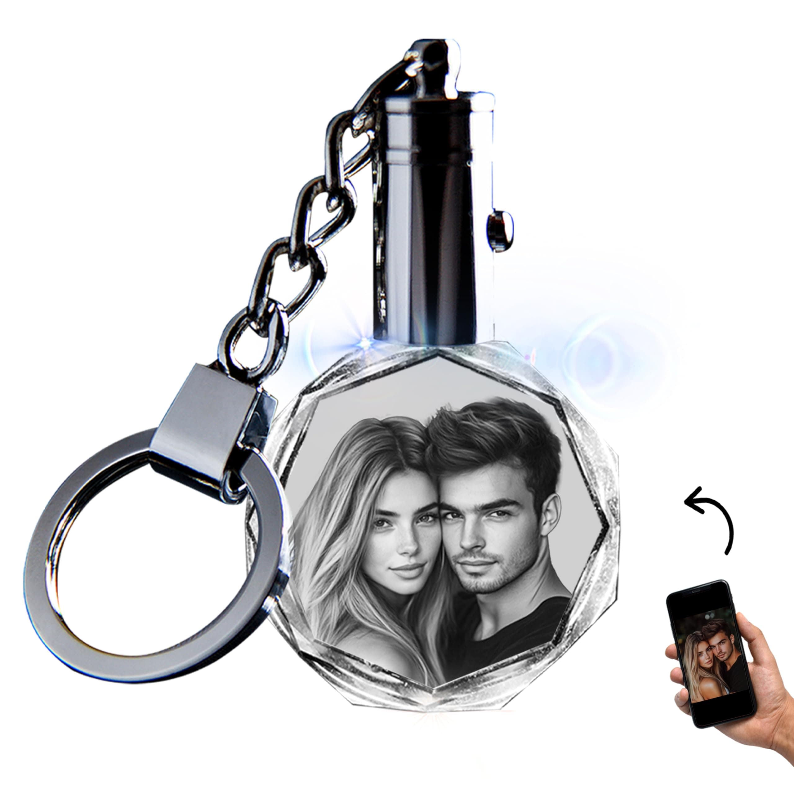 Personalized Crystal Keychain Photo with LED Light Custom Laser Etched Key Chain, Valentines Gifts Keepsake