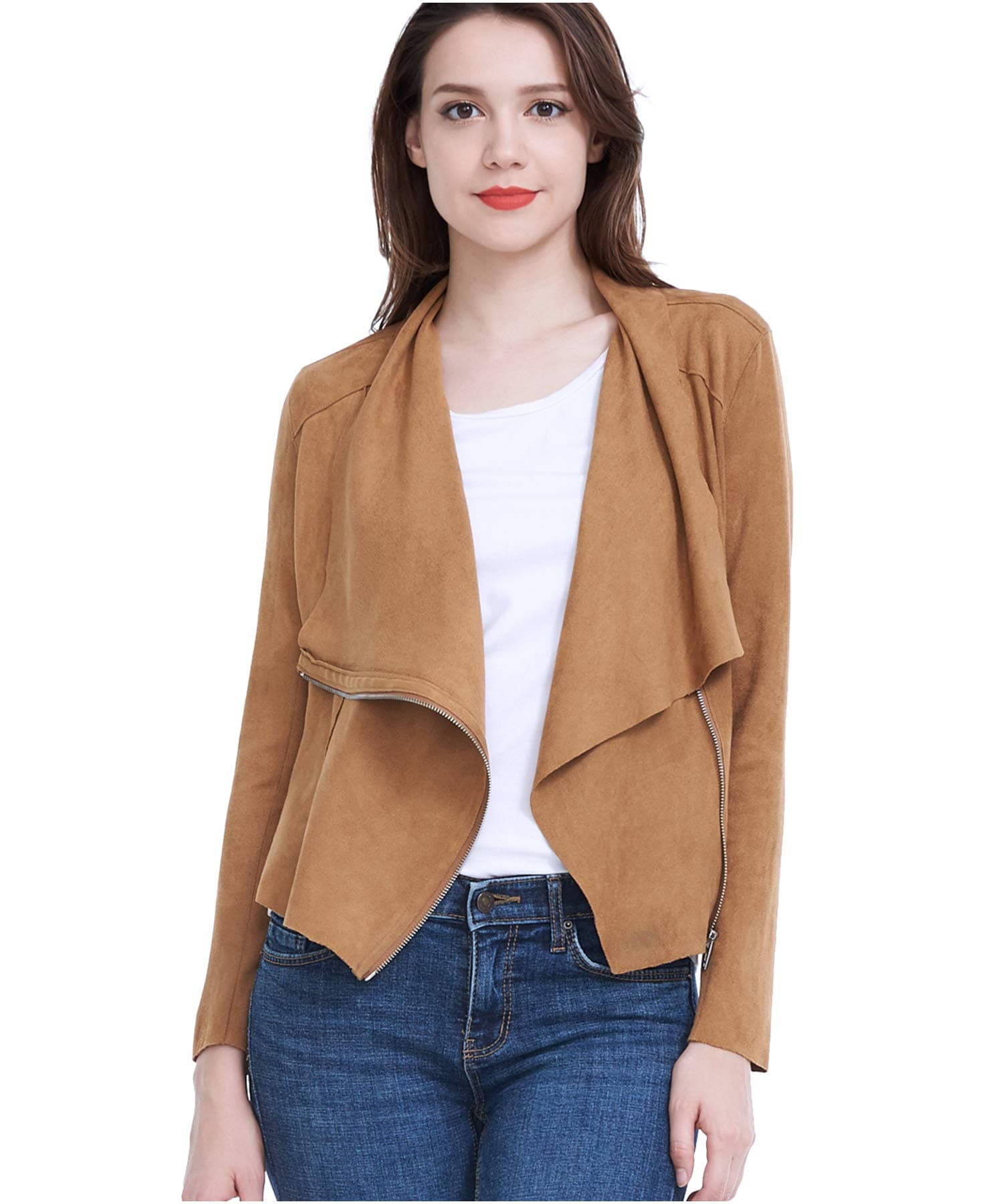 Women Spring Autumn Lightweight Jackets Suede Zipper Solid Coat Tops Outwear-Brown-S