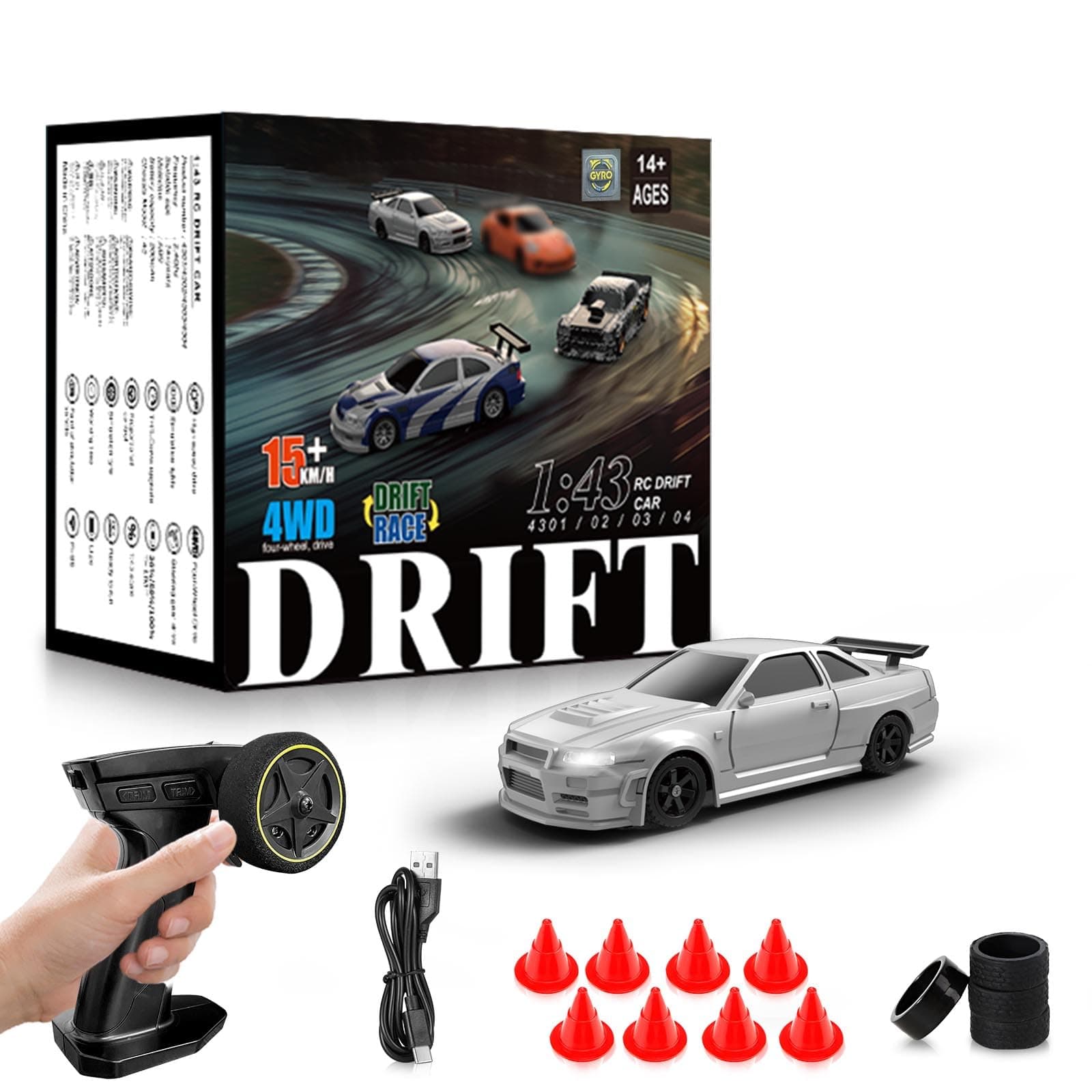 RC Drift car, 1/43 Mini Rc Drift car with Gyroscope, 2.4GHz Full Proportional Remote control Cars, 4WD High Speed Racing with Lights, Racing Tires, Model Cars Gift for Adults, Kids, Boys, Girls