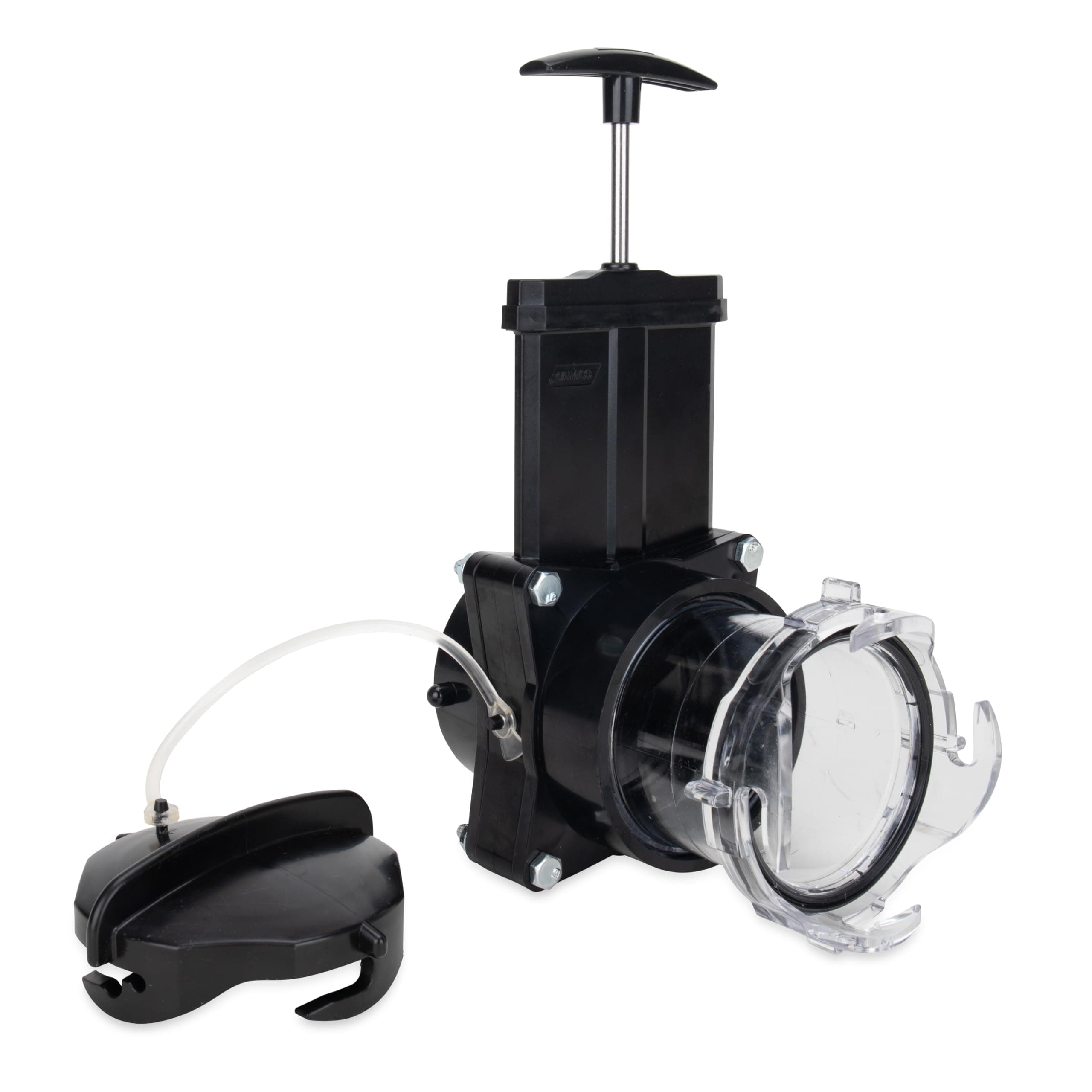Camco Camper/RV Gate Valve - Features Built-In 3.5-Inch Clear Adapter & 4 Bayonet Prongs - Fits 3-Inch Sewer Fittings & Connects Easily to RV Drain Pipe (39053)