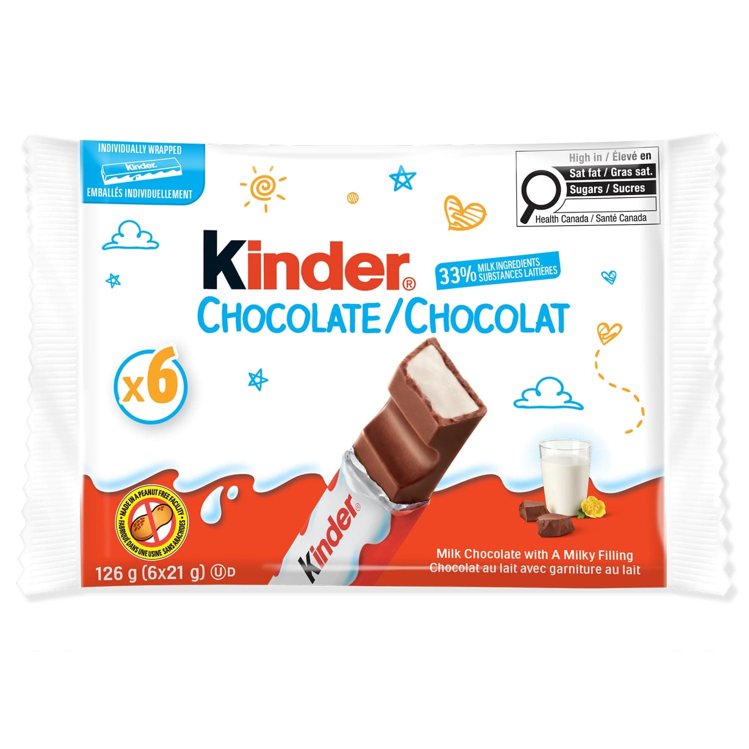 Kinder Chocolate Single Bars, 6-Pack. Individually Wrapped Milk Chocolate Bars (126g)
