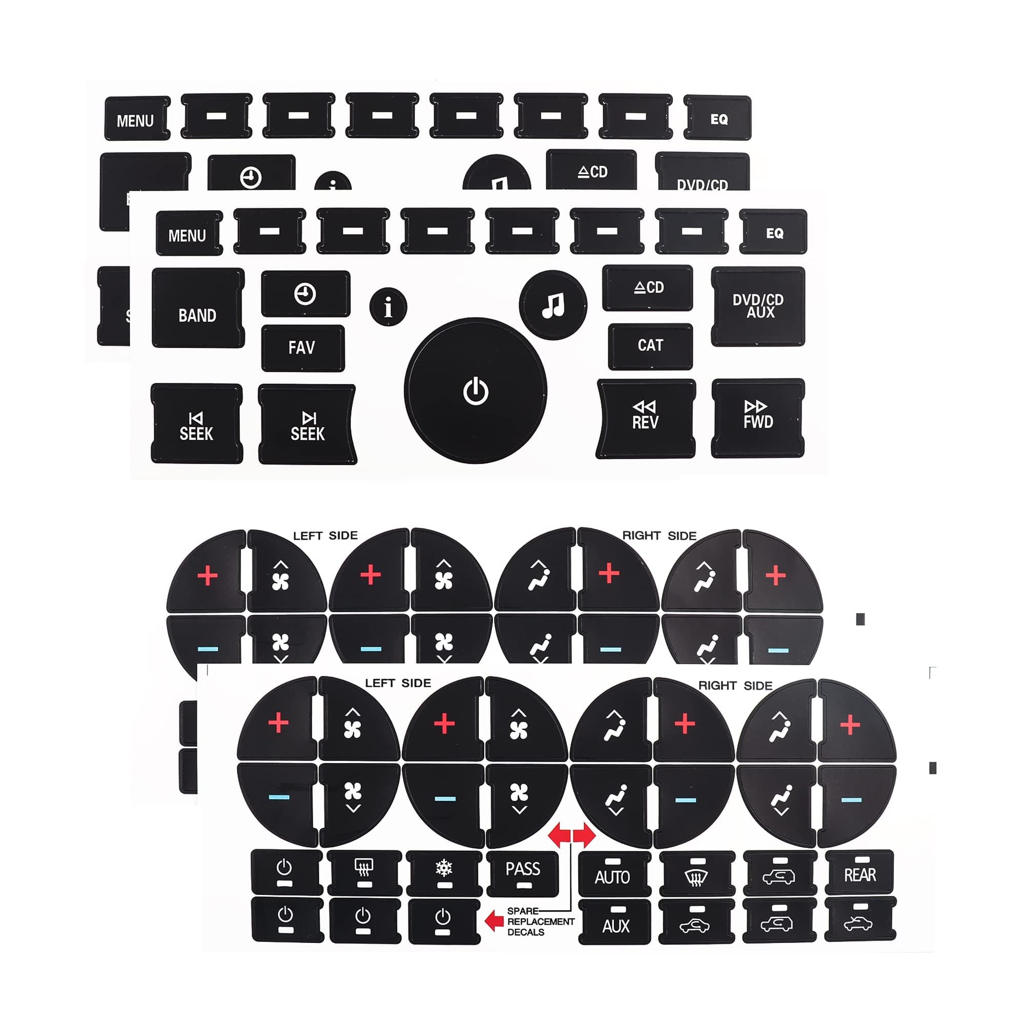 AC Dash Button Repair Kit - 4 Black Crystal Letter Print Stickers for Select 07-14 GM Vehicles & Radio Dash Buttons - Powder Coated Metal or Plastic - Outdoor Use - Decal