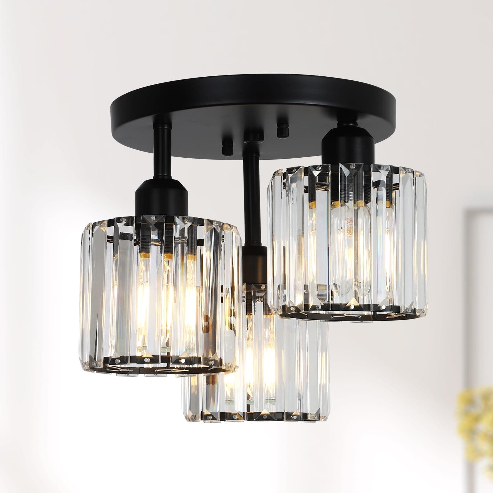 PAUFUL Crystal Semi Flush Mount Ceiling Light,3-Light Modern Close to Ceiling Light Fixtures,Black Kitchen Light Fixtures with Clear Crystal Shade,Hallway Light Fixtures for Hallway Bedroom Bathroom