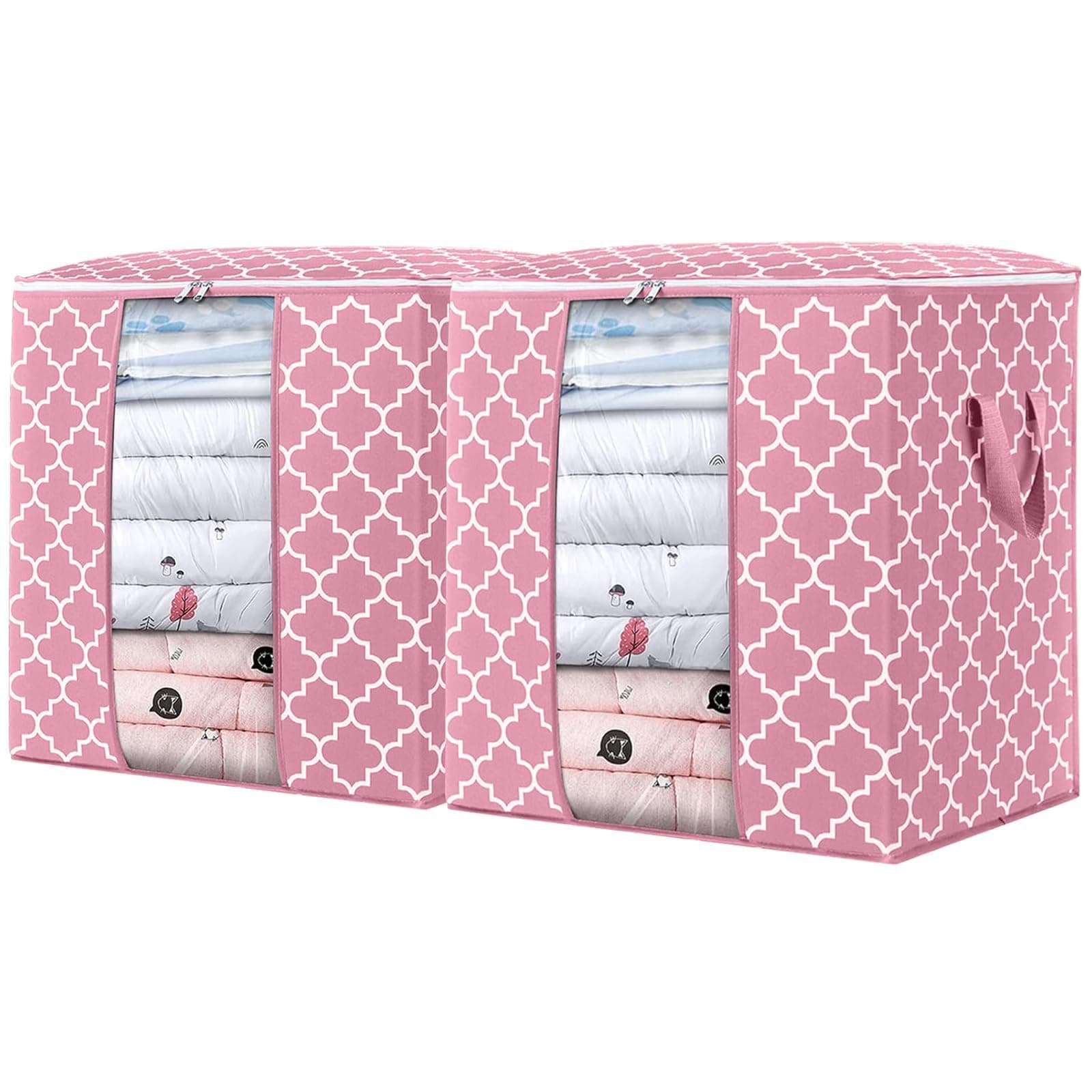 WISELIFE Storage Bags 2 Pack/100L Large Blanket Clothes Organization and Storage Containers for Comforters,Bedding, Foldable Organizer with Reinforced Handle, Clear Window, Sturdy Zippers,Pink
