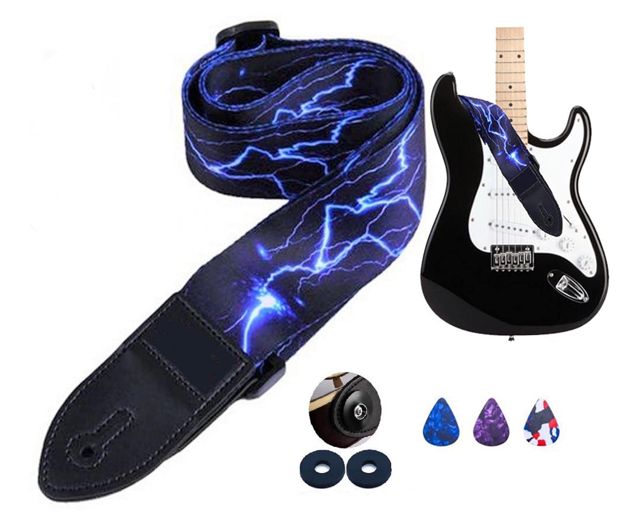 Blue Black Lightning Thunder Design Guitar Strap Bundle With Guitar Picks + Strap Locks.