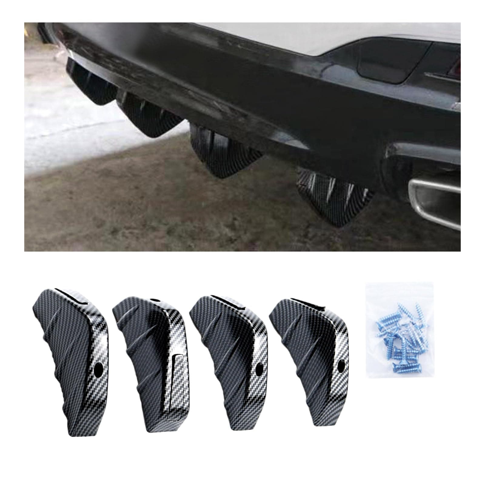 4PCS Car Rear Lower Bumper Wing Lip Diffuser, Anti-Crash Auto Shark Fin Spoiler Protector with Mounting Screws, Universal Rear Bumper Lip Diffuser Kit for Car SUV Truck (Carbon Fiber)