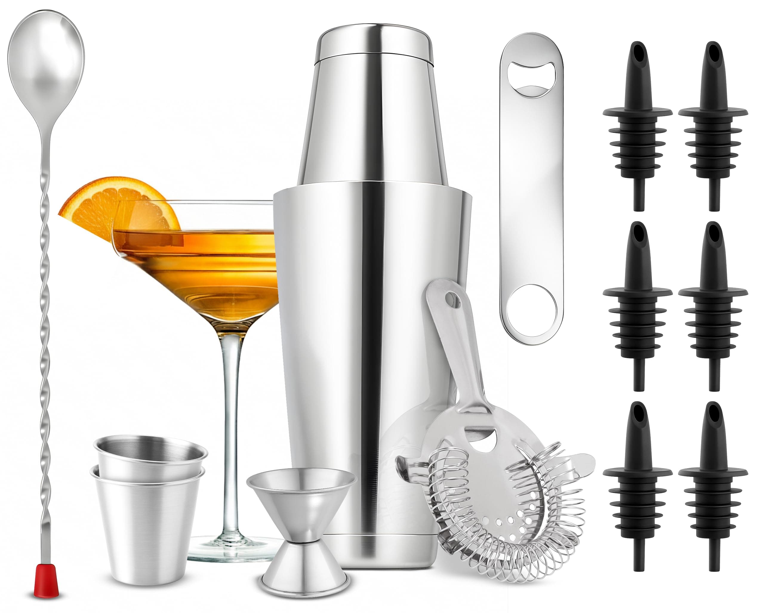 NutriChef Mixology Bartender Cocktail Shaker Set - Includes 15 & 30 oz Stainless Steel Shakers, 6 Bottle Pourers & More - Essential Martini Making Kit - Drink Mixing Set - 15 Piece Cocktail Bar Set