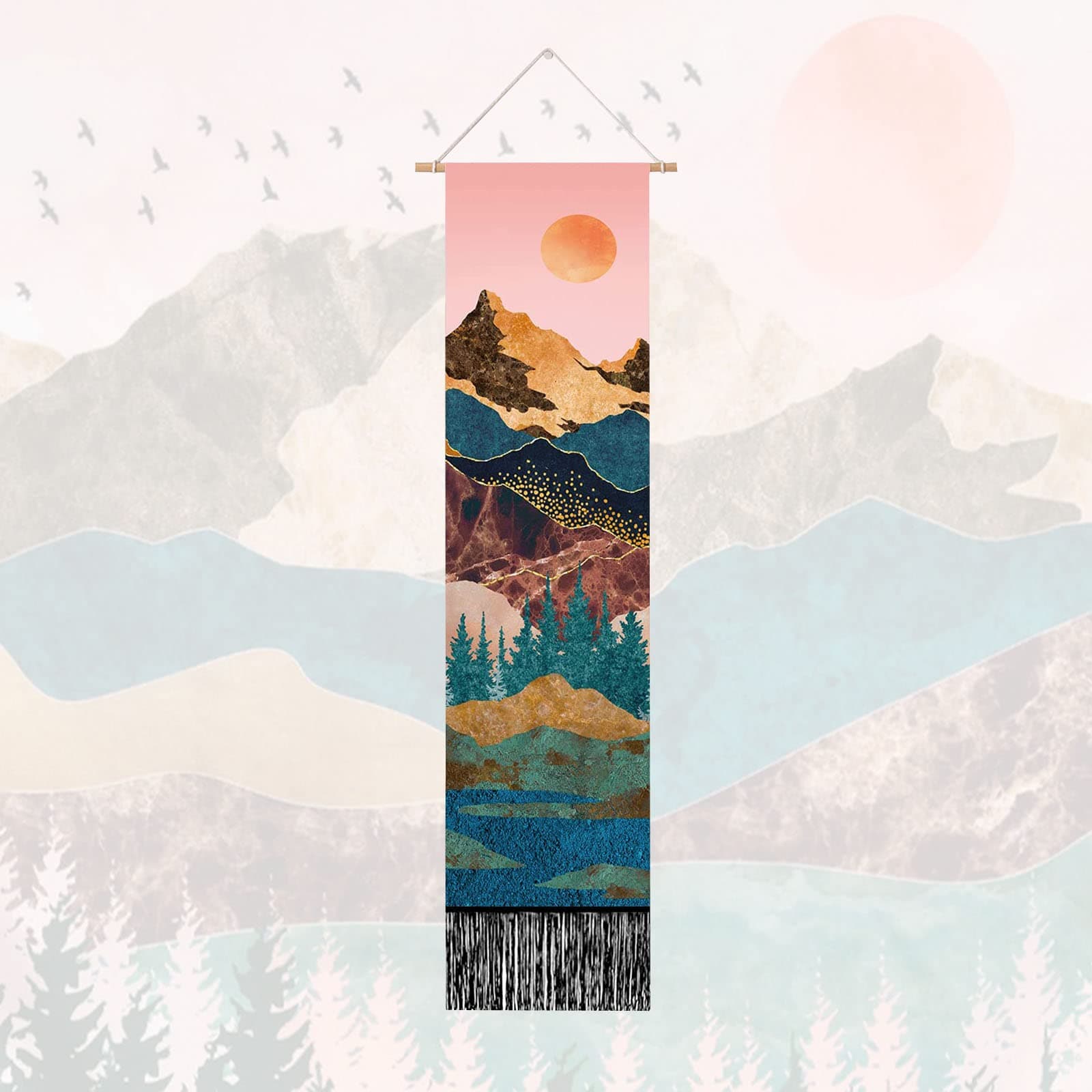 Excefore Tapestry Long Wall Hanging, Mountain Sunset Forest Tree Landscape Pink Wall Decor Long Tapestry for Bedroom Room Wall Decor, 13"W x 51"H Inches