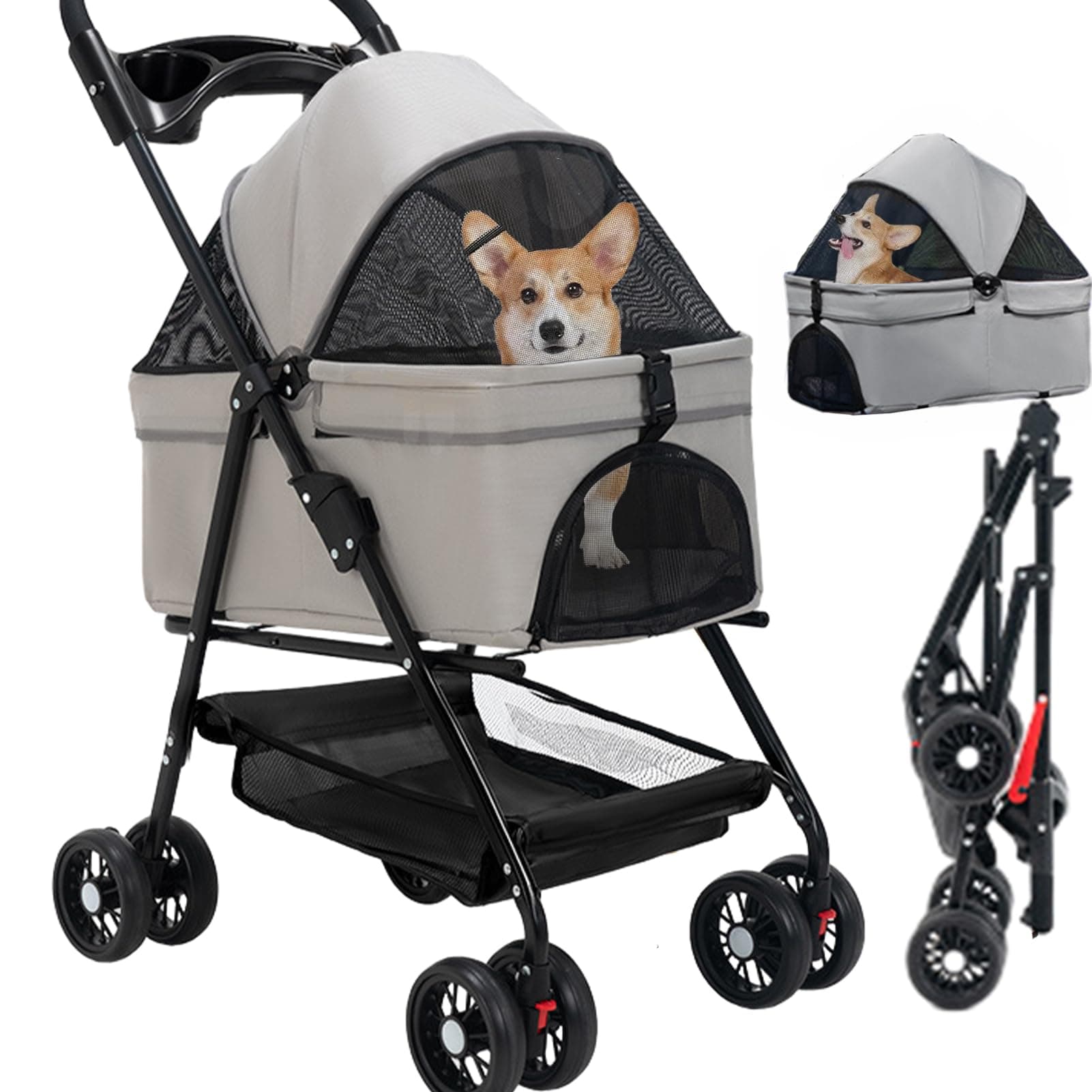 INGUNAR Foldable Pet Dog Stroller, 4 Wheel Cat Dog Stroller for Jogging Travel, Sun Shade, Cup Holder, Mesh Window, 360° Rotated Wheels, Storage Basket, Foot Brake, Easy One-Hand Fold