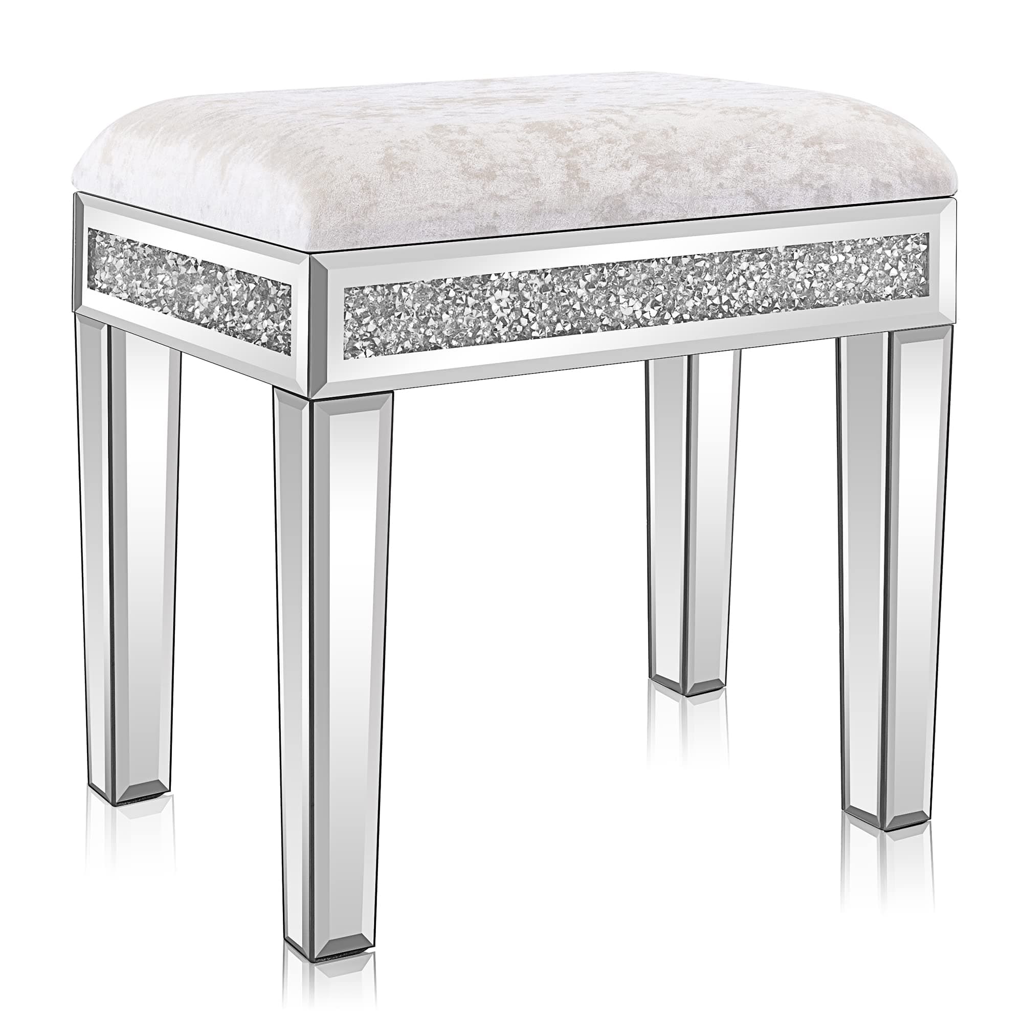 Mirrored Vanity Stool with Storage, Upholstered Velvet Ottoman, Makeup Dressing Table Bench with Sparking Diamonds, Silver