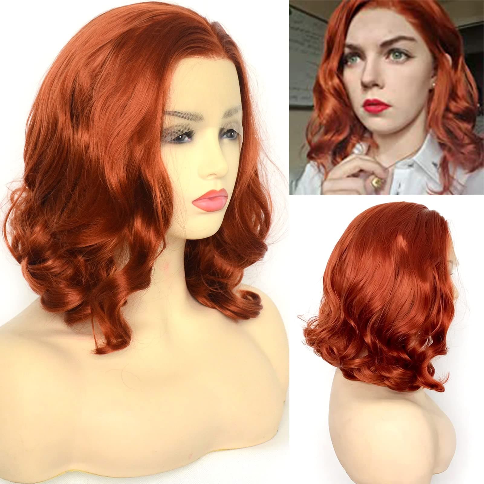 Giner Red Lace Front Wig Short Bob Style Copper Red Orange Loose Wave Curly Synthetic Hair Side Part Half Hand Tied Replacement Full Wigs 12 Inches for Women Girls