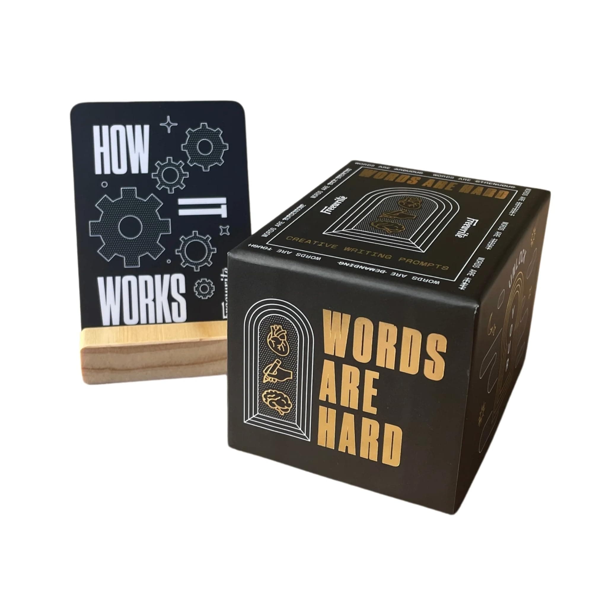 Freewrite Words are Hard Writing Prompt Deck | 150 Creative Writing Prompts for 8 Genres | Gifts for Writers with Inspiring Illustrations | Storytelling Cards with a Custom Wooden Stand