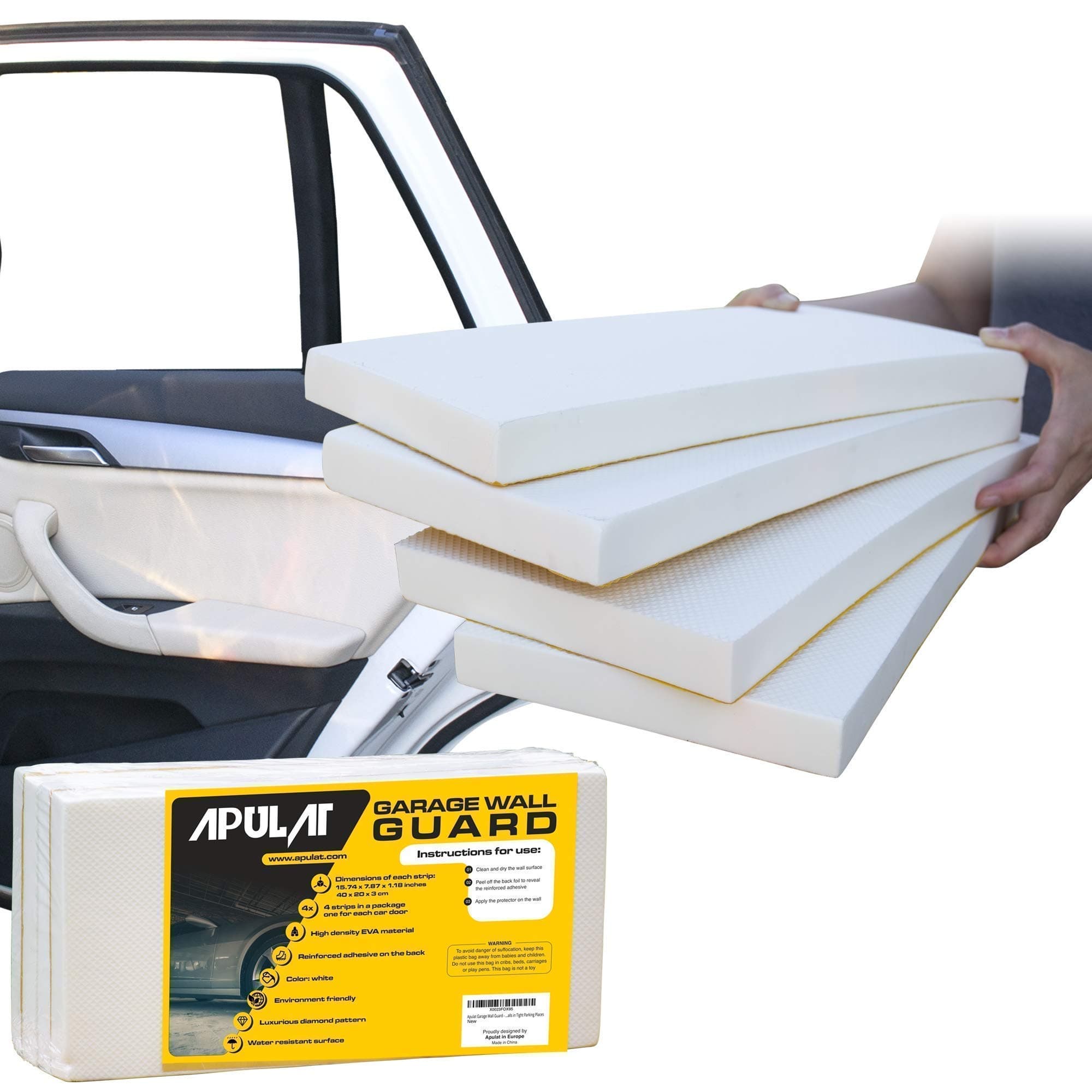 Garage Wall Protector - Guards your Car Doors - 1.18 Inches Thick, 7.87 Inches Wide, 15.74 Inches Long - 4 Self-Adhesive White Foam Padding Bumpers that Protect your Vehicle Doors and Garage Walls