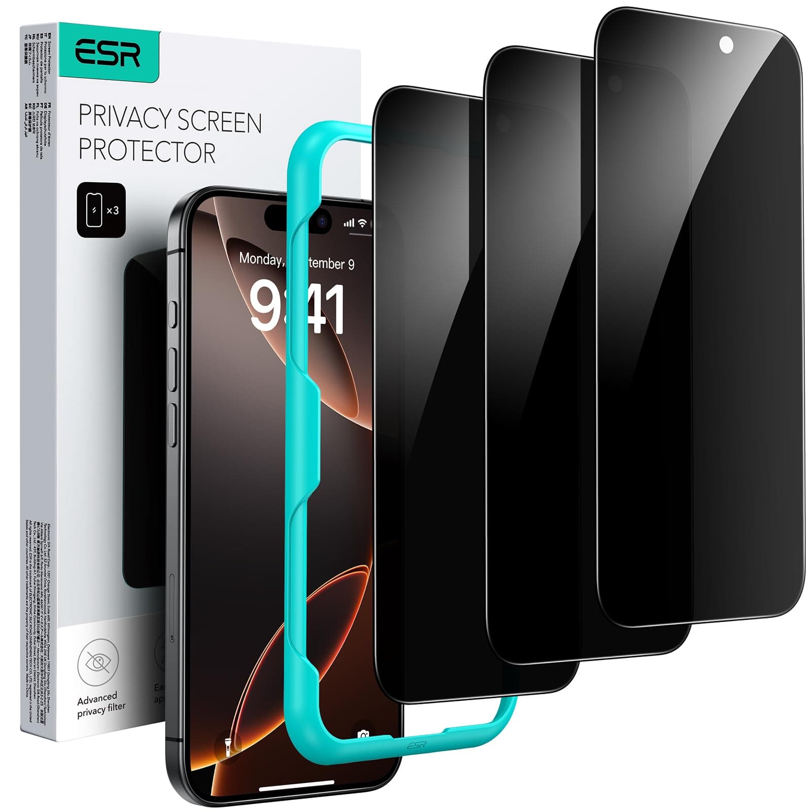 ESR iPhone 16 Pro Max Glass Film, Anti-Peeking Protective Film, 3 Pieces, iPhone 16 Pro Max Glass Film, Easy Installation Guide Frame, iPhone 16 Pro Max Film, Anti-Spy, Tempered Glass, Anti-Peeking Film, Micro-Curved Edge, Case Friendly, Impact Resistant