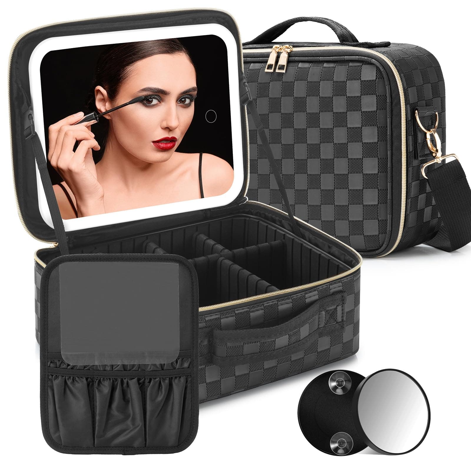 Travel Makeup Bag with LED Mirror - Lighted Makeup Case with 3 Color Setting - Rechargeable Cosmetic Box Organizer for Women - Beauty Tools Accessories Case (Black, Middle)