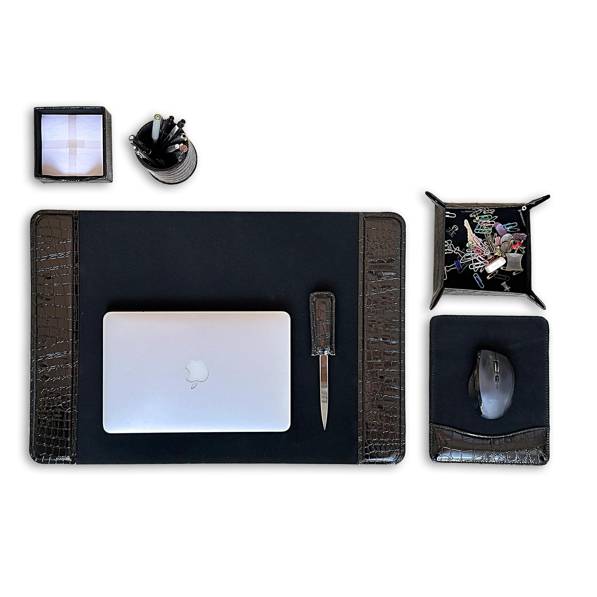 Eco-Friendly 6 Piece Leather Desk Set, Black (17C-DSBA6)