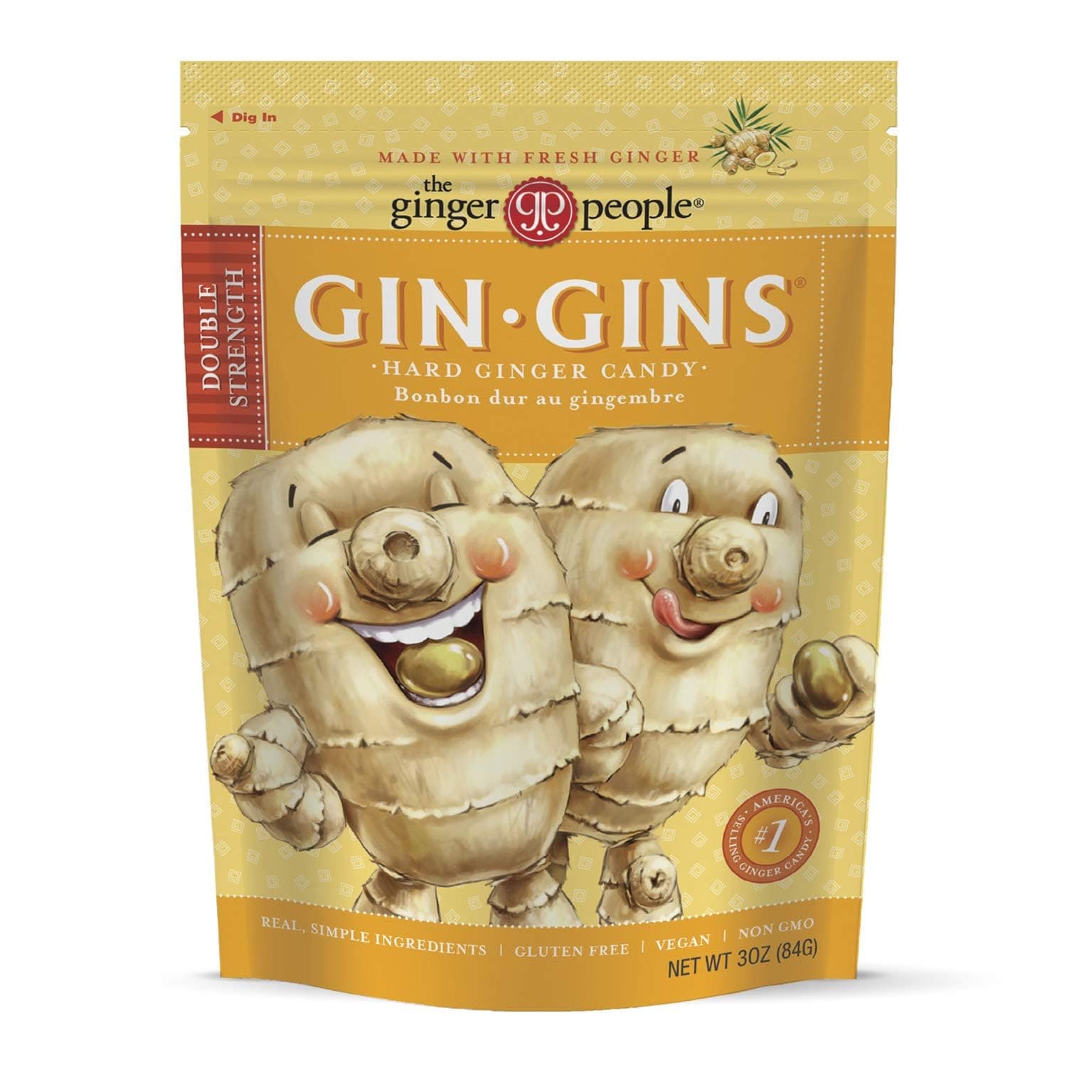Gin Gins Hard Ginger Candy Double Strength | Natural Fresh Ginger Candy | Individually Wrapped Healthy Candy | Gluten Free | Vegan | 60 Grams