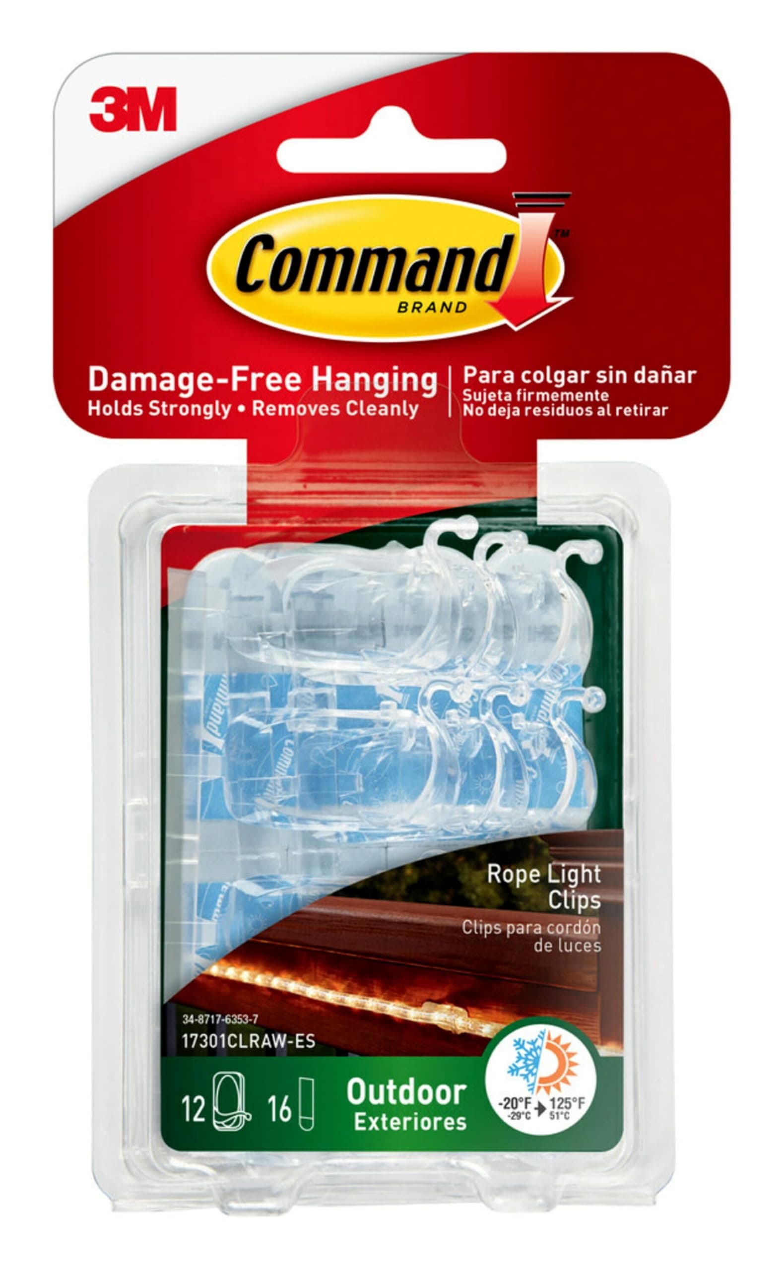 Command Outdoor Rope Light Clips, 12 Hooks and 16 Command Strips, Damage Free Hanging Christmas Decorations with Weather Resistant Strips, Wall Clips for Hanging Outdoor Lights and Cable Management