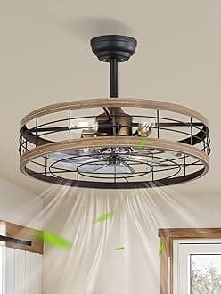 LEDIARY 22 inch Caged Ceiling Fan with Light, Fandelier Industrial Ceiling Fan with Remote, Farmhouse Fan Lights Ceiling Fixtures for Kitchen, Bedroom, Outdoor(6 Speed, Timing)-Brown