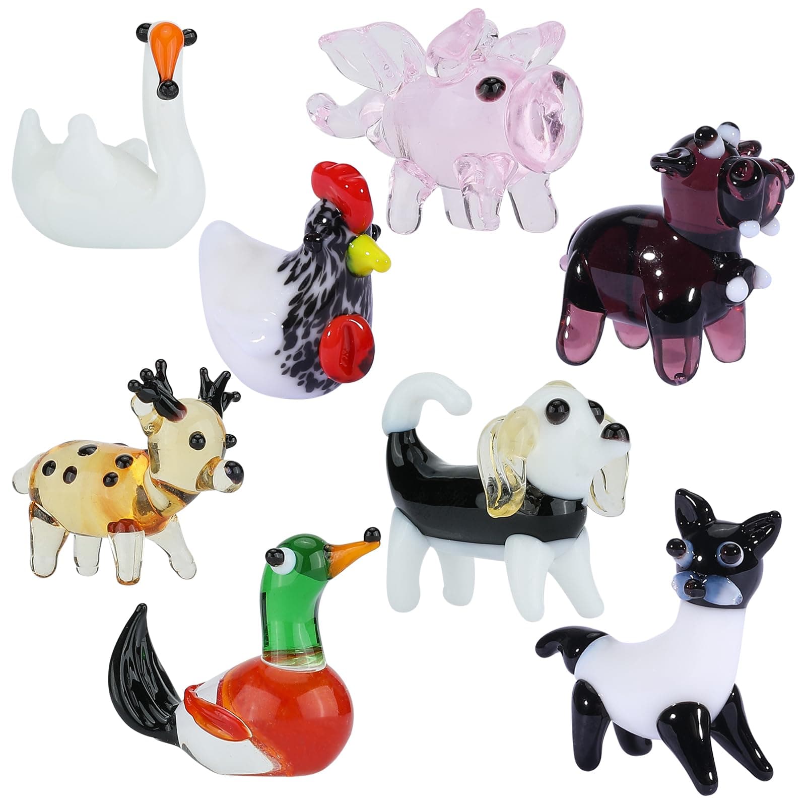HUAAPLEVLA 8 Pcs Tiny Glass Animals Blown Mini Glass Figurines Handmade Lampwork Animal Figurines Sets for Home Decoration Collectibles and Gifts(Farm Animals)