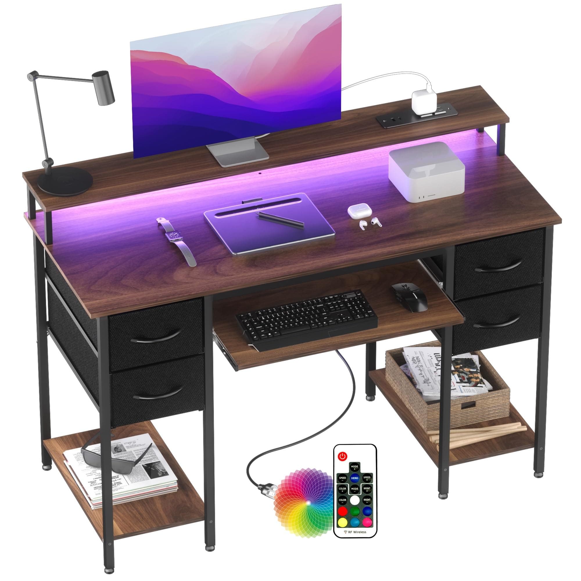 BEXEVUE120x50 Office Desk with LED & Power Outlets, Computer Table with Keyboard Tray, Modern Gaming Desk with 4 Reversible Drawers, Large Storage Shelf Workstation for Study, Home Office, Walnut