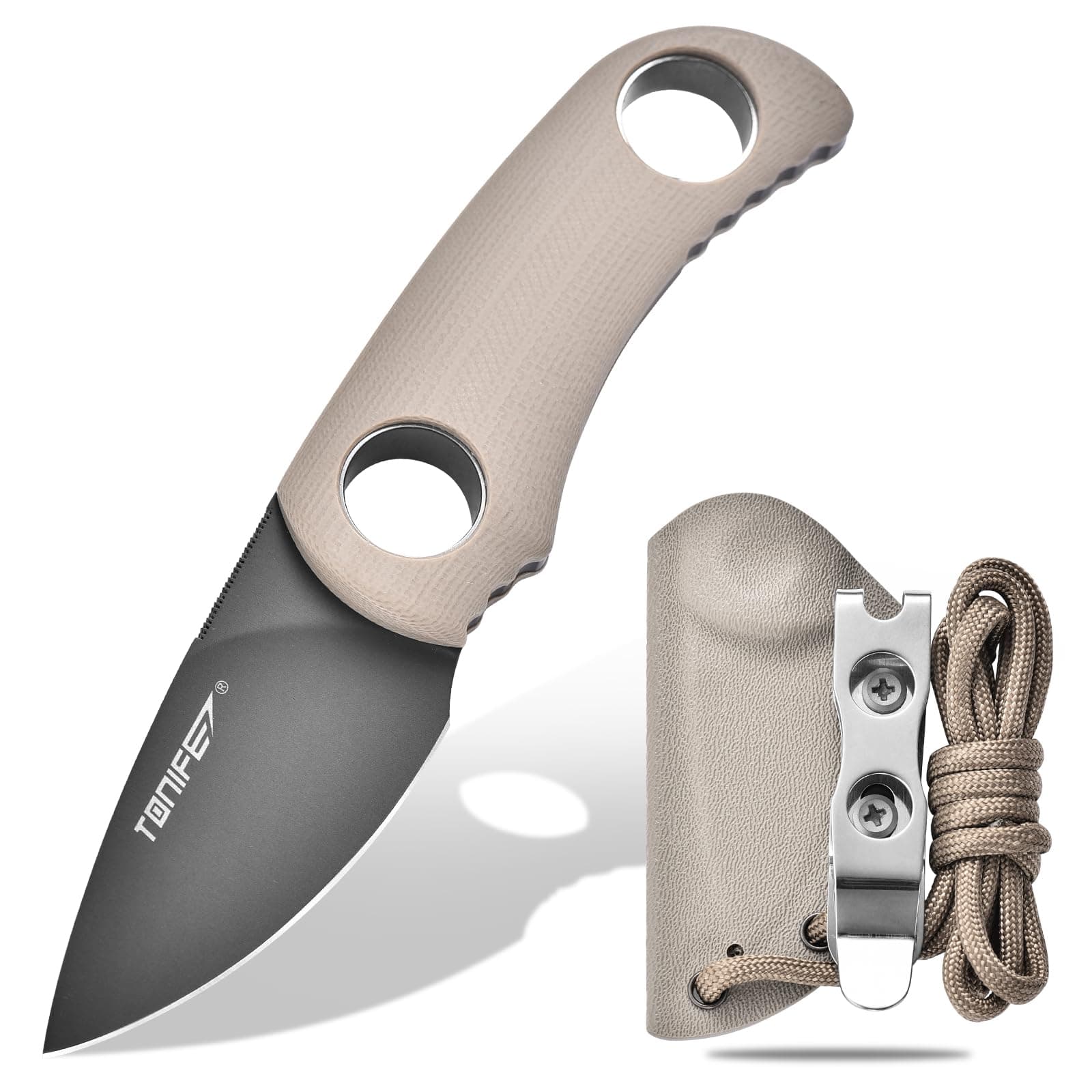 Fixed Blade Knife 4.8cm, Mini Neck Knife with Kydex Sheath and Cord, EDC Portable Fixed Knife for Outdoor Survival