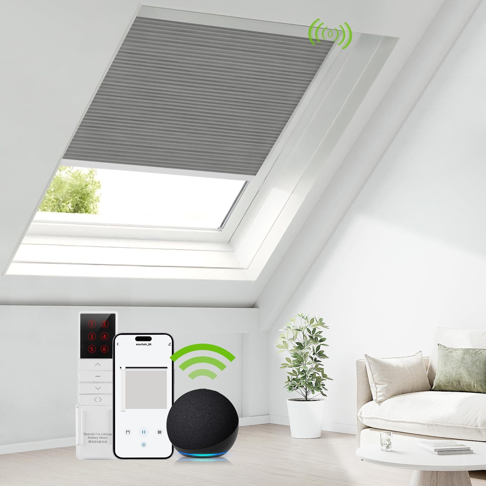ZSTARR Motorized Skylight Shades Blackout Cellular Honeycomb Electric Blinds with Solar Panel Cordless Rechargeable with Remote for Roof and Slanted Windows (Blackout Silver Grey)